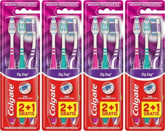 Colgate ZigZag Escova de dentes dureza média, conjunto de 3 unidades, limpeza interna profunda, limpador de línguas, elimina bactérias causadoras de mau hálito, conforto e suavidade das gengivas