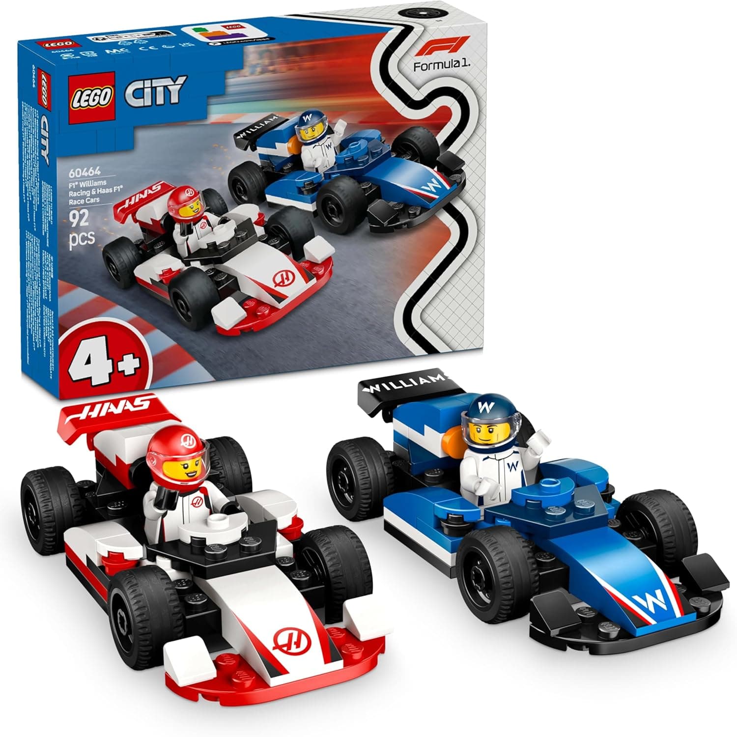 LEGO City Carros de F1 Williams Racing e Haas F1, conjunto com carros de corrida de fórmula 1 de brinquedo, 2 mochilas de veículos e minifiguras de pilotos, presente para meninos e meninas de 4 anos