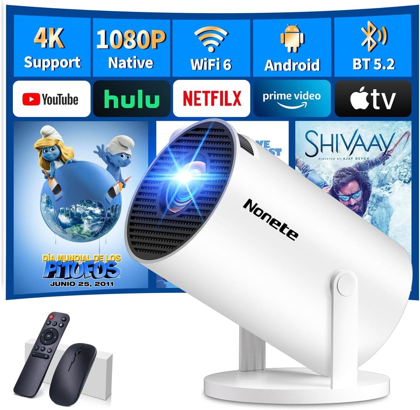 Projetor portátil, 1080P Full HD, suporte 4K, mini projetor vídeo com WiFi 6 e BT 5.2, suporta rotação de 180°, correção automática de keystone, compatível com HDMI/TV Stick. /USB