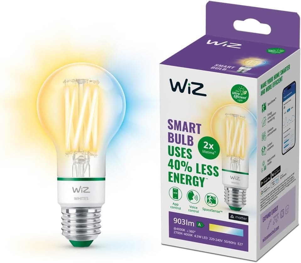 WiZ - Lâmpada LED inteligente, E27, classe A (economia de energia), ligação via Wi-Fi, tecnologia SpaceSense e Matter, compatível com a Alexa