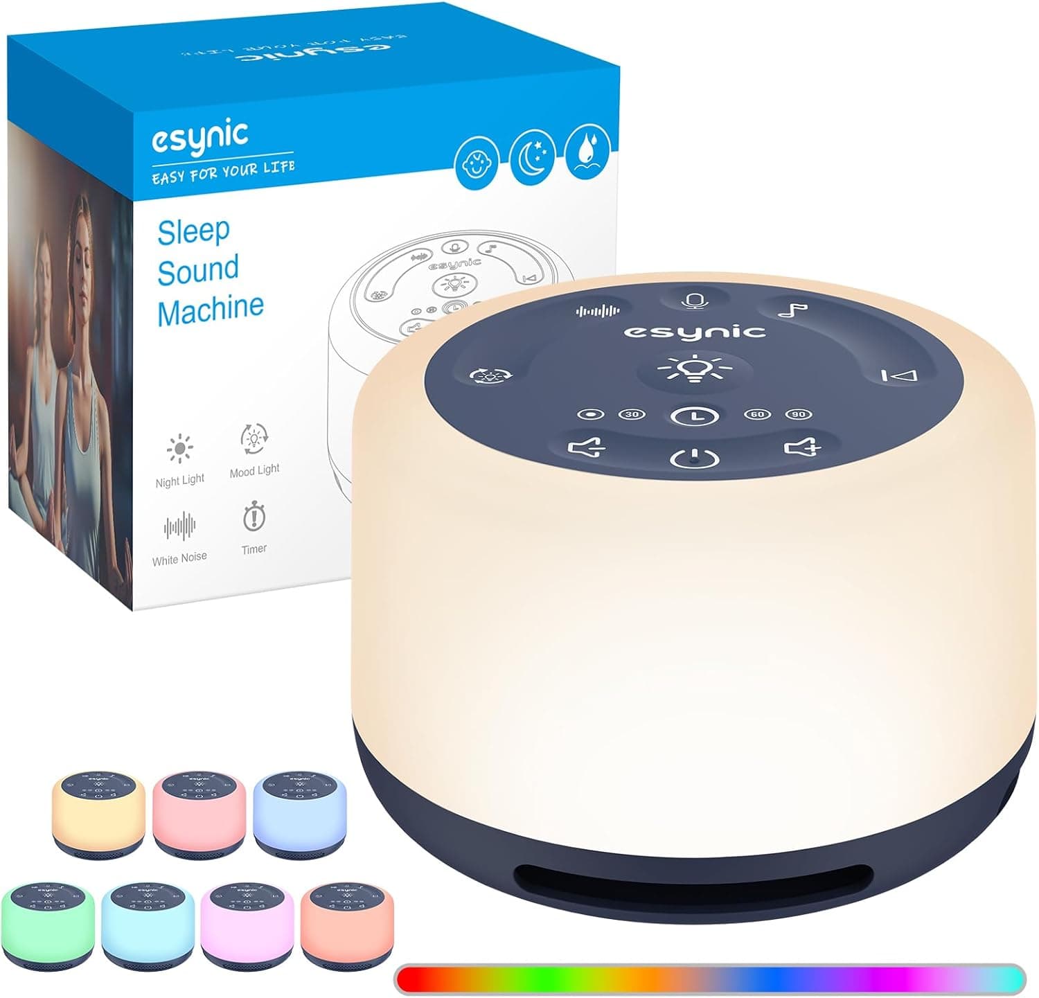 Máquina de ruído branco eSynic máquina de som portátil para dormir para bebé com 30 tipos de sons relaxantes, luz noturna ajustável, temporizador, bateria incorporada de grande capacidade