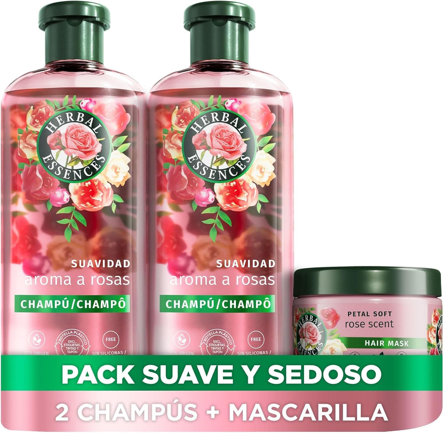 Herbal Essences Shampoo aroma a rosas 2 x 350 ml + máscara de 500 ml. Ajuda a suavizar e hidratar o cabelo seco. Com essência de rosa. Origem natural 
