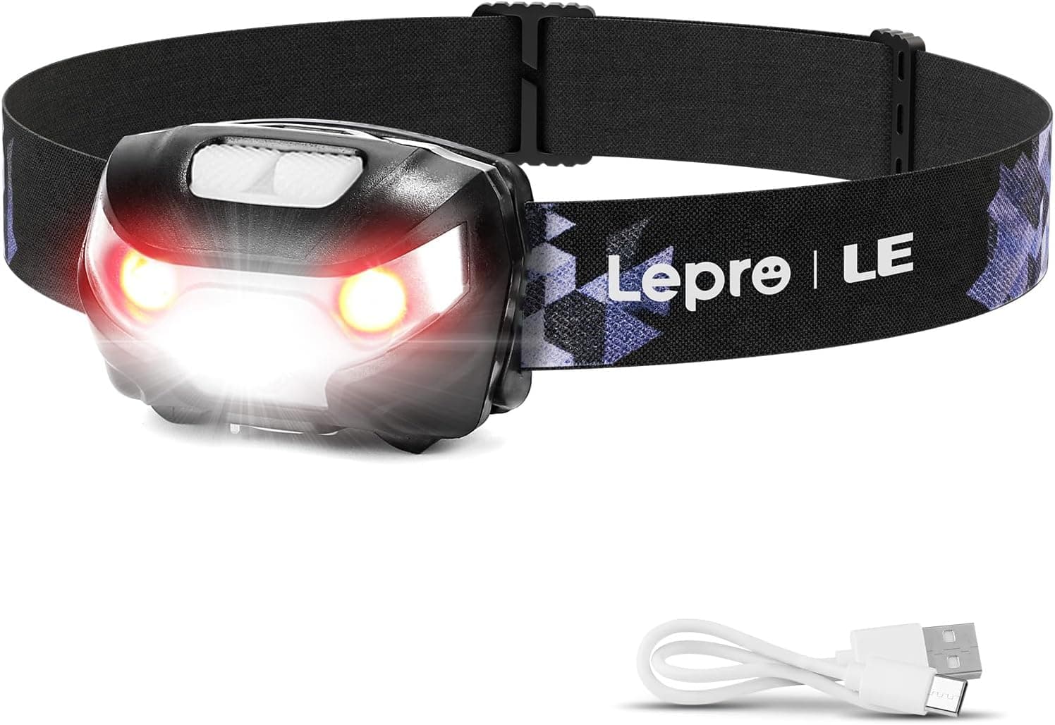 LE Lanterna frontal LED USB recarregável, lanterna de cabeça 5 modos de luz (branco e vermelho), impermeável IPX4, frontal LED recarregável para pesca, ciclismo, corrida, desporto noturno
