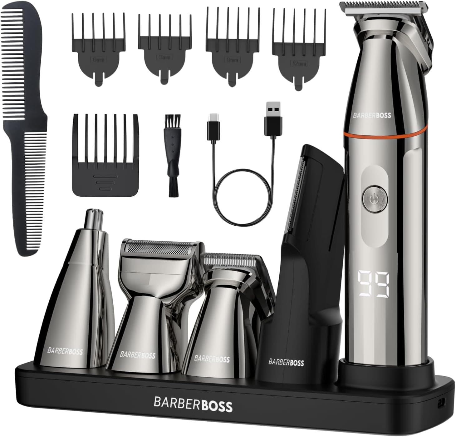 BarberBoss Aparador de barba, cabelo para homens, kit de cuidados com a barba 5 em 1, conjunto de aparador, máquina de barbear de precisão, aparador de precisão, nariz, orelhas e corpo, QR-6010