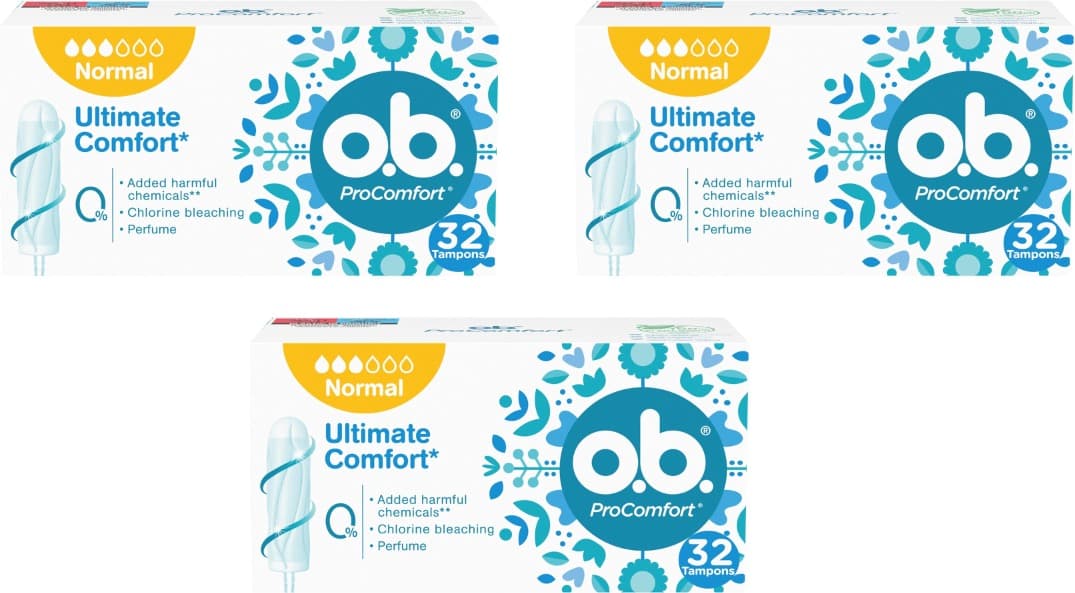 Tampões OB ProComfort normal, tampões de absorção normal sem produtos químicos nocivos, branqueamento com cloro ou fragrância, tampões sem aplicador, 32 unidades x 3