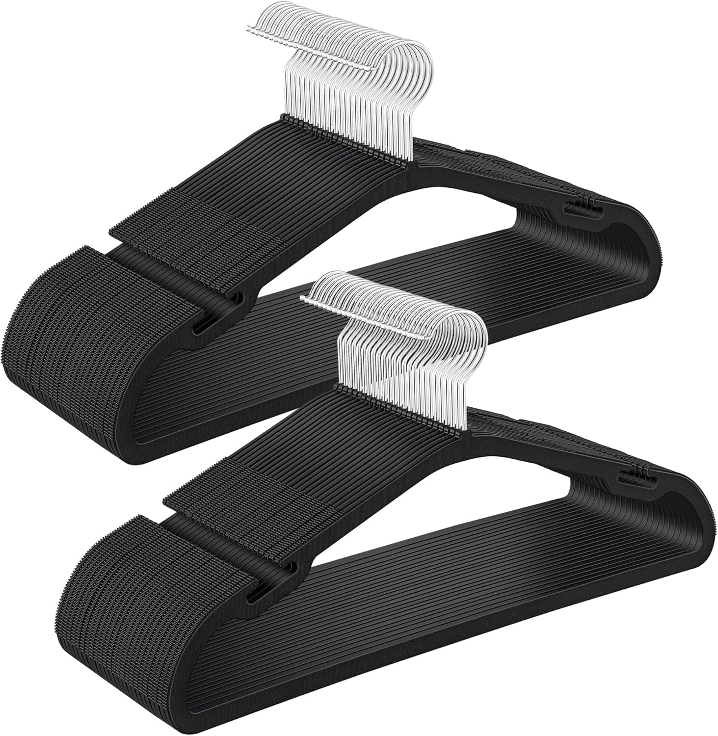 SONGMICS Cabides, conjunto de 50, cabides de plástico, carga pesada, com entalhes de ombro, economize espaço, barra para calças, gancho giratório, 41,6 x 21,4 cm, para armário, tinta preta CRP060B01