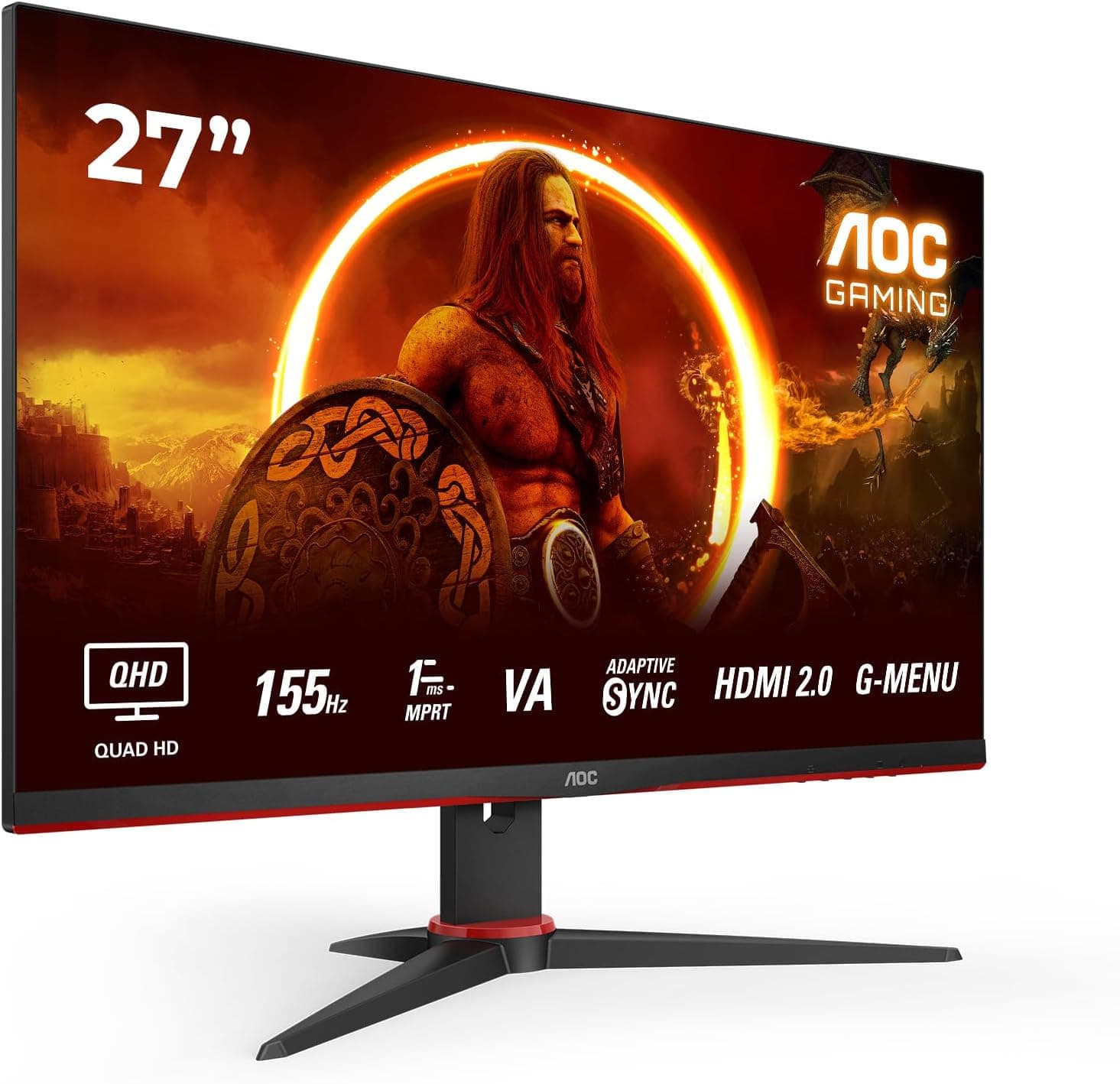 AOC Gaming Q27G2E/BK Monitor QHD de 27", 155 Hz, 1 ms MPRT, plano, FreeSync Premium (VA, 2560 x 1440, HDMI, DisplayPort) preto/vermelho