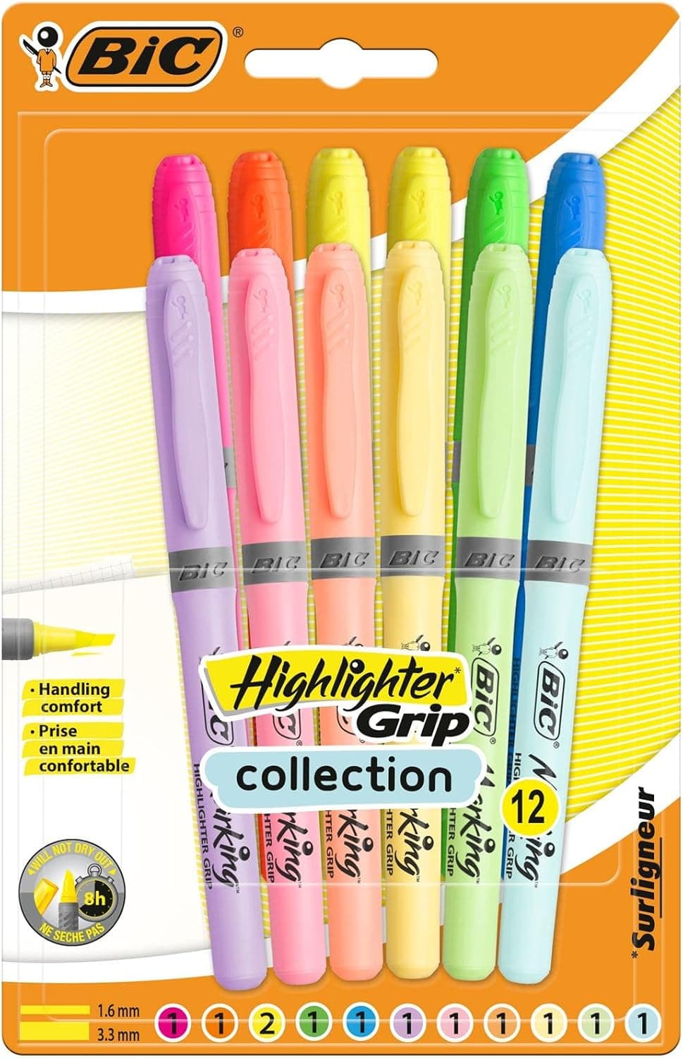 BIC Highlighter Grip | Marcadores fluorescentes de ponta biselada em cores intensas e pastel, pack de 12