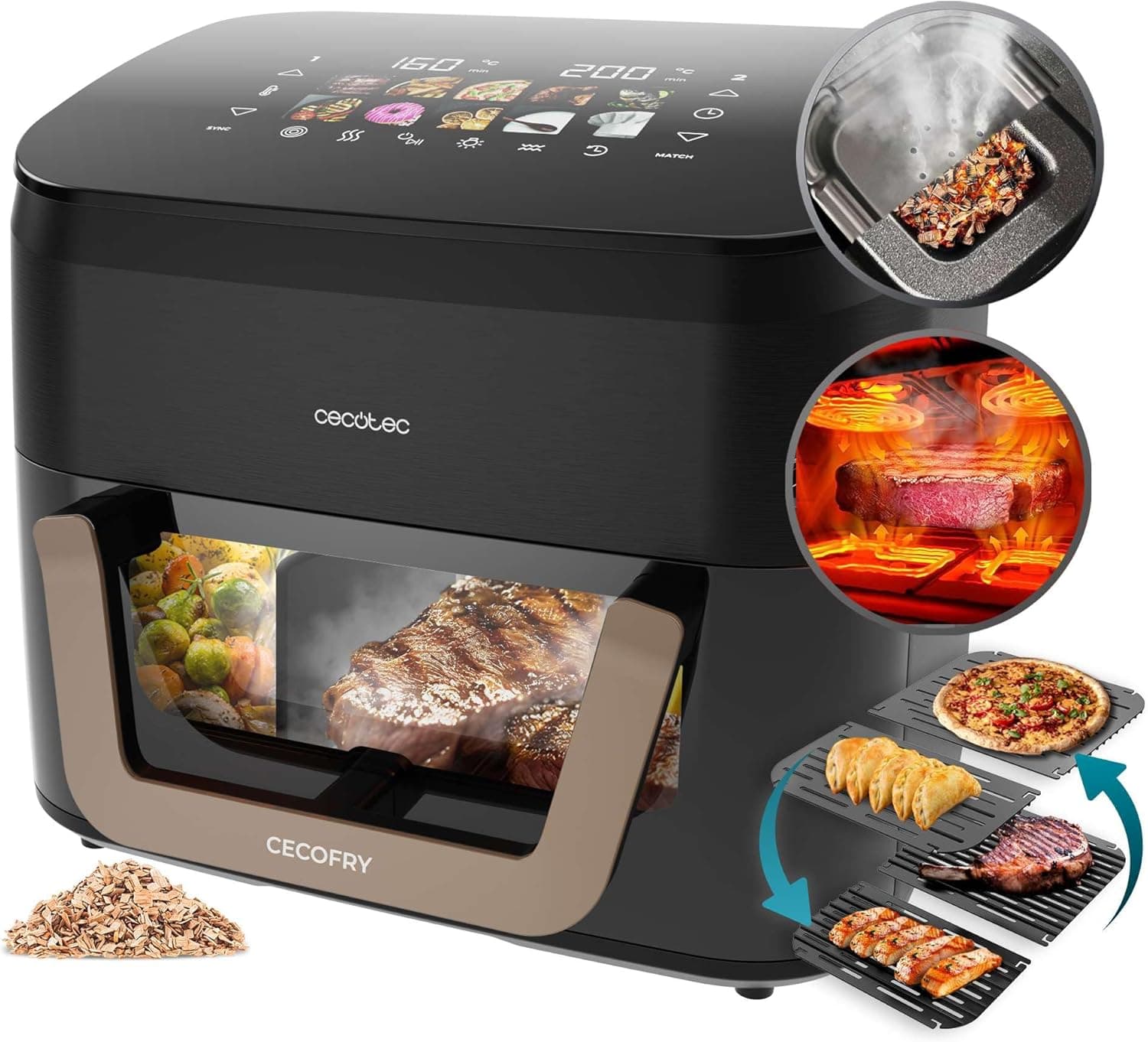 Cecotec Frigideira de ar sem óleo 11 l ferro de grelha dupla resistência a fumador integrado Air Fryer Cecofry&Grill Smokin' 11000. 2200 W, temperatura regulável 40 - 200 °C, 10 menus