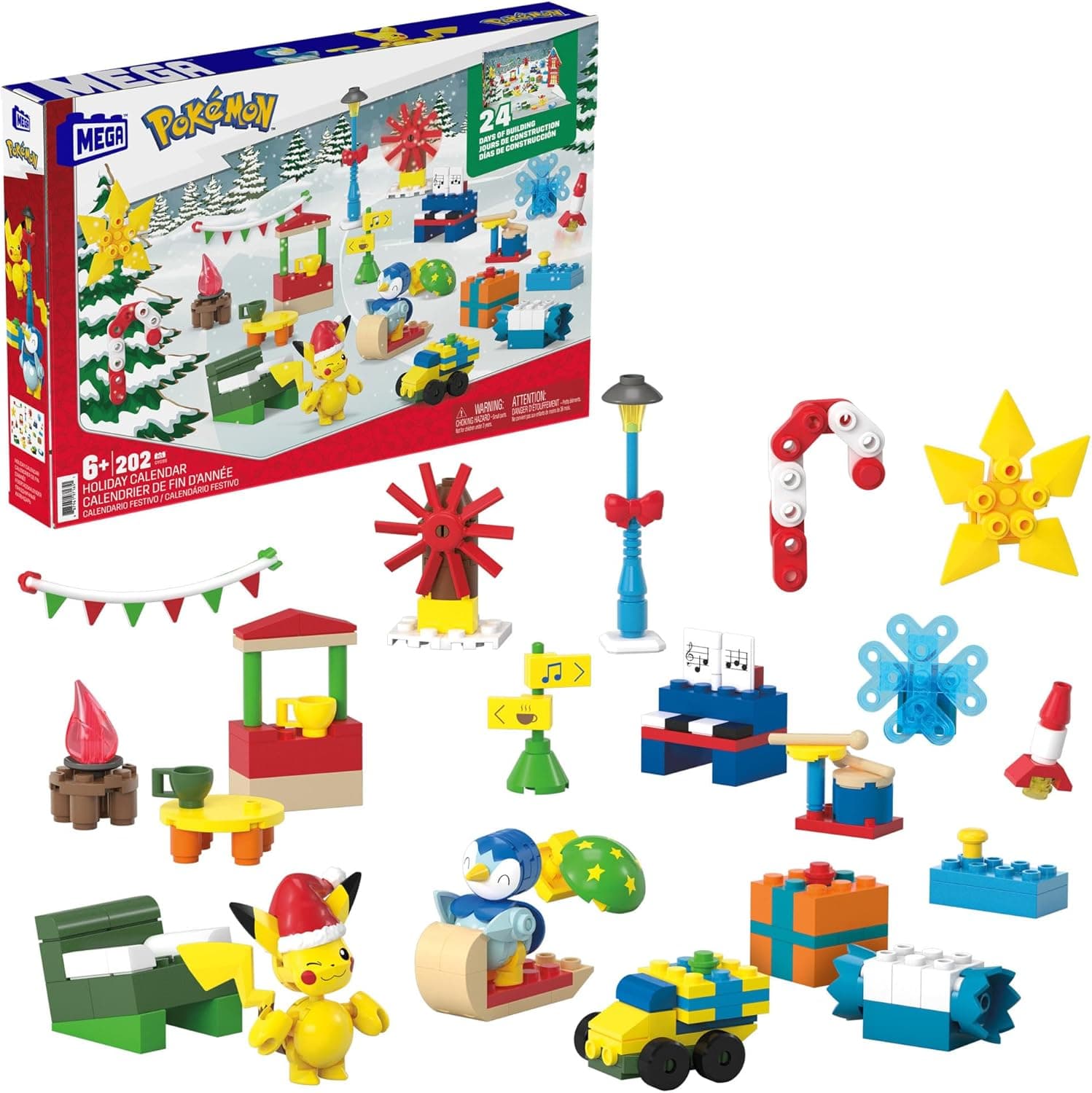 MEGA Pokémon Calendário do advento, conjunto de blocos de construção de 24 dias com figuras de Pikachu e Piplup e mais surpresas, 202 peças, presente de brinquedo para meninos e meninas +6 anos, GYG99