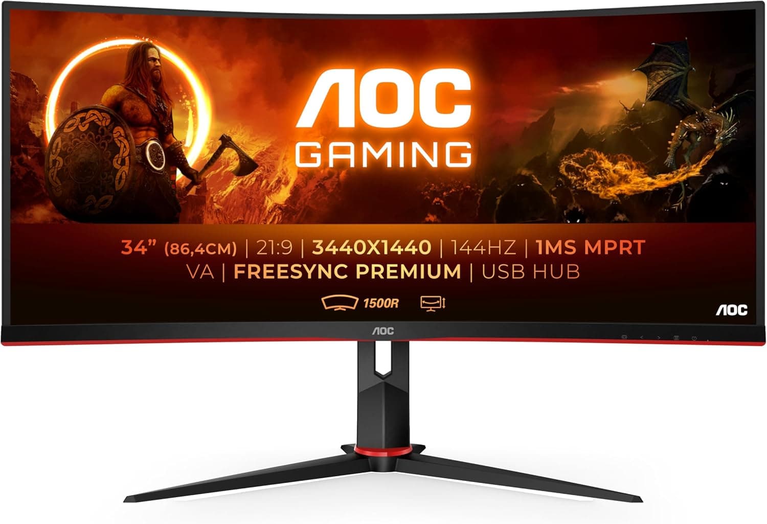 AOC Monitor de gaming CU34G2X/BK Curved de 34" de 1500R WQHD, 144Hz, 1 ms, VA, Freesync Premium, ajustável, 3440 x 1440, 300cd/m, HDMI 2x2.0, Displayport 2 x 1.2, Cor preta