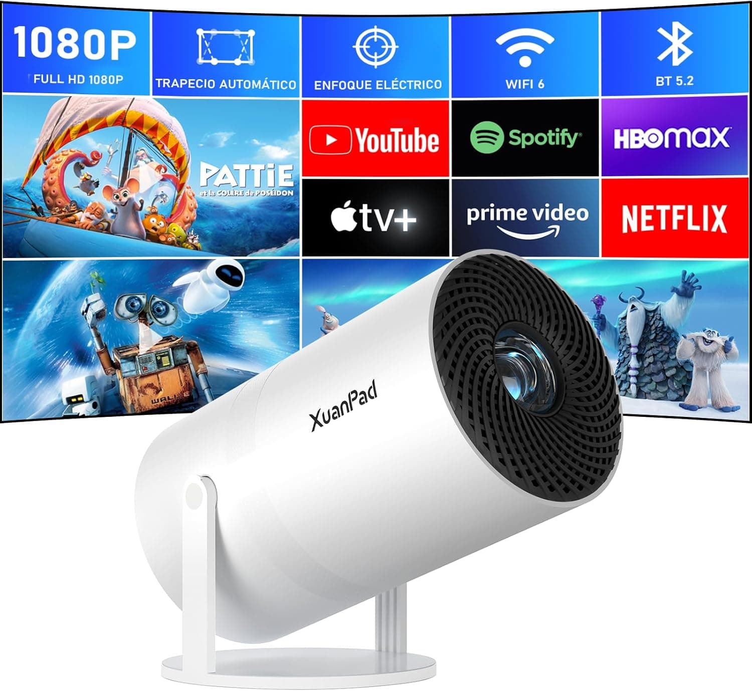 XuanPad mini projetor portátil com WiFi6 Bluetooth, suporte 4K 1080P, suporte rotativo de 210°, 8000 aplicações pré-instaladas, design antipoeira e refrigeração