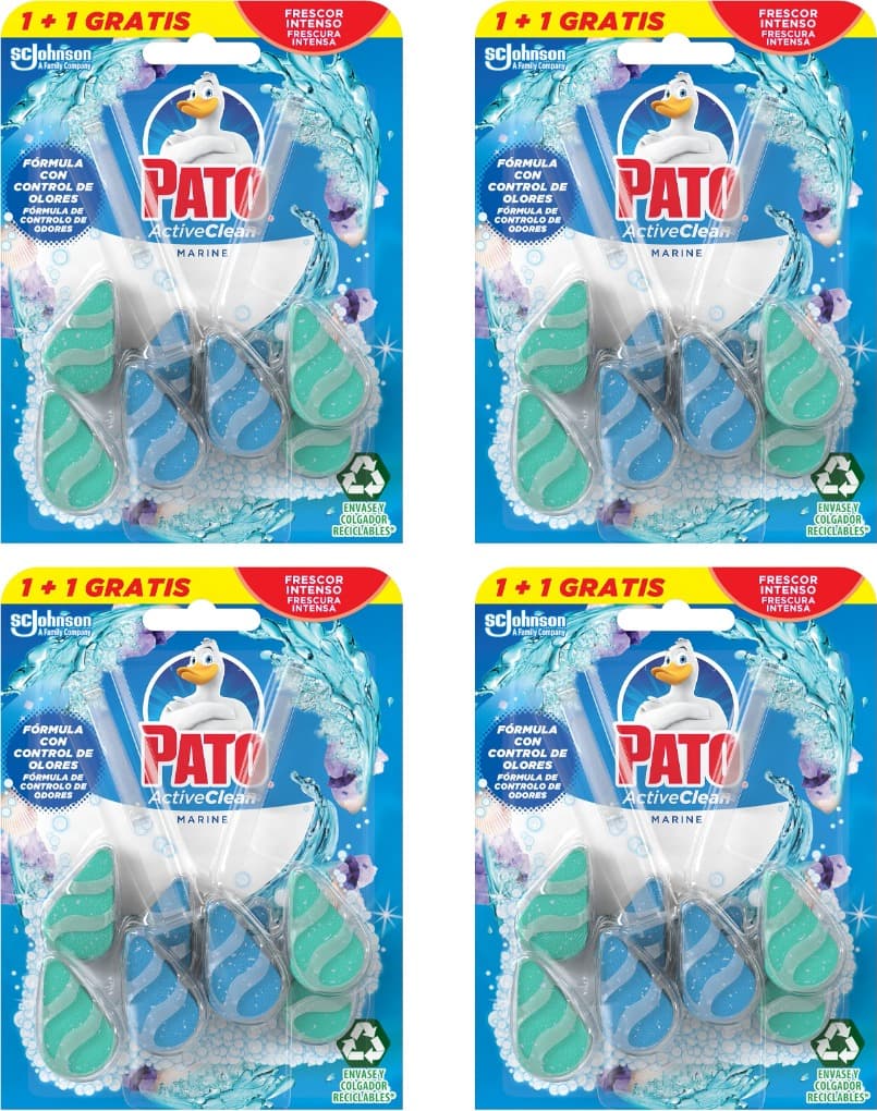 Pato Active Clean Bloco sanitário inodoro, frescura intensa, perfuma e desinfeta, aroma Marine, 8 unidades