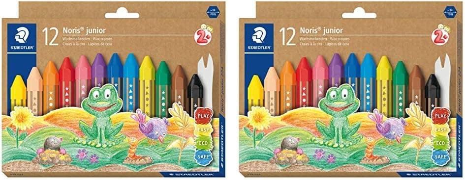 STAEDTLER Noris Junior 224 C12 - Crayões de cera grossos para crianças, 12 cores sortidas em caixa de cartão, 2 embalagens