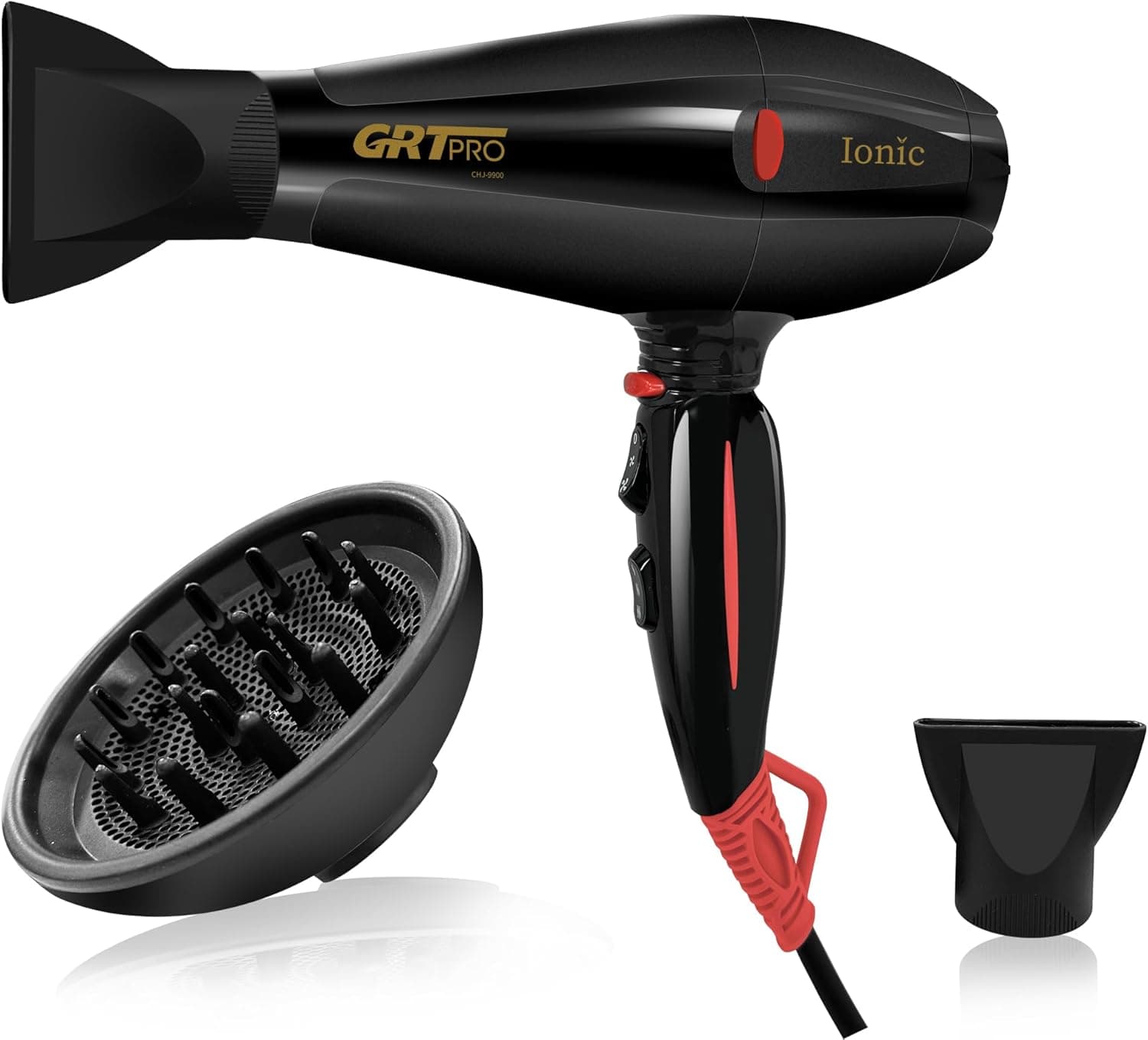 GRT PRO 2400W | Secador de cabelo iónico com difusor, 2 bocais e 40 milhões de iões negativos antirresíduos