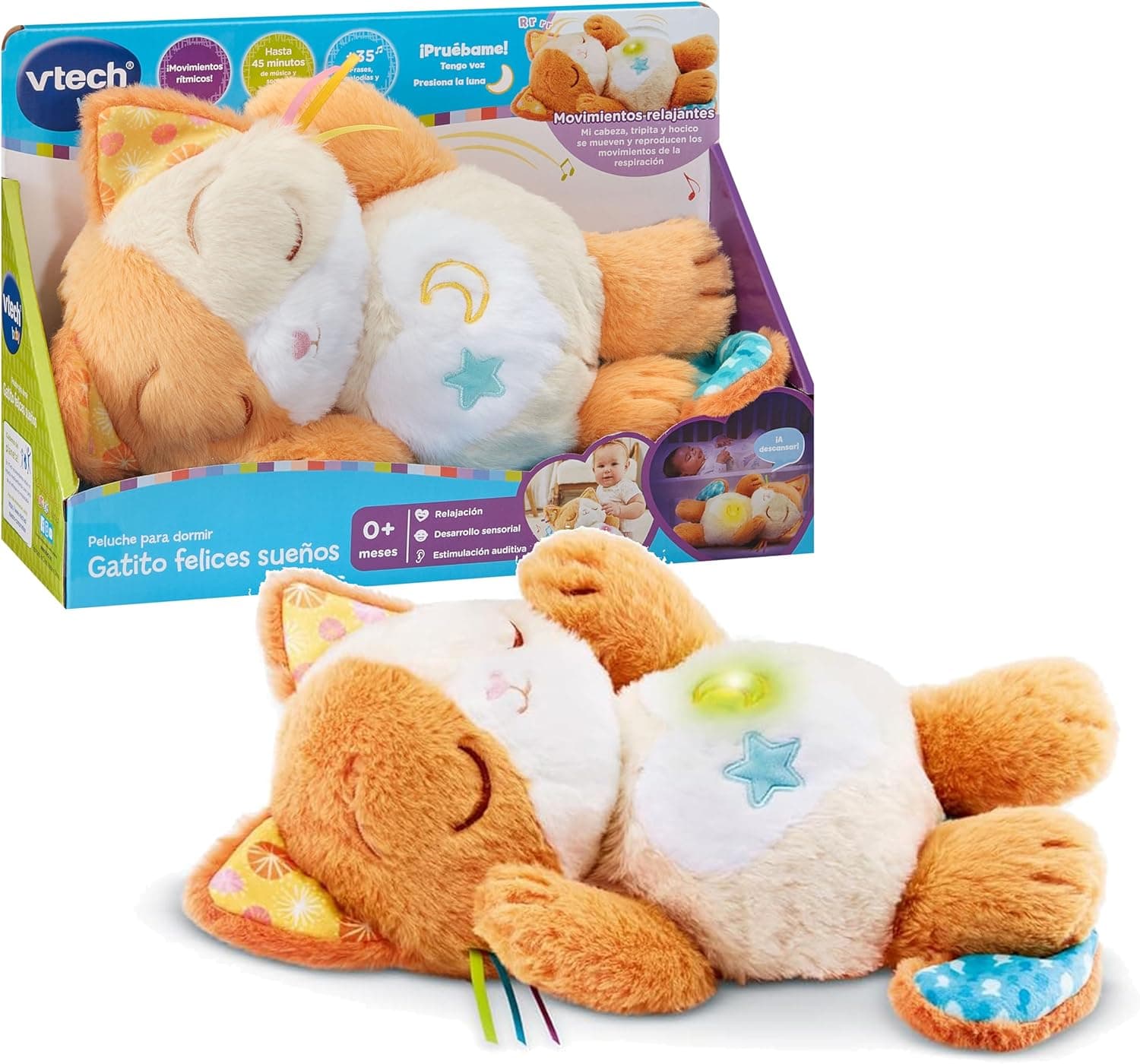 VTech - Peluche para dormir gatinho felizes sonhos, presente de bebé + 0 meses, peluche musical, movimentos relaxantes, iluminação suave, anas, sons e melodias, versão ESP