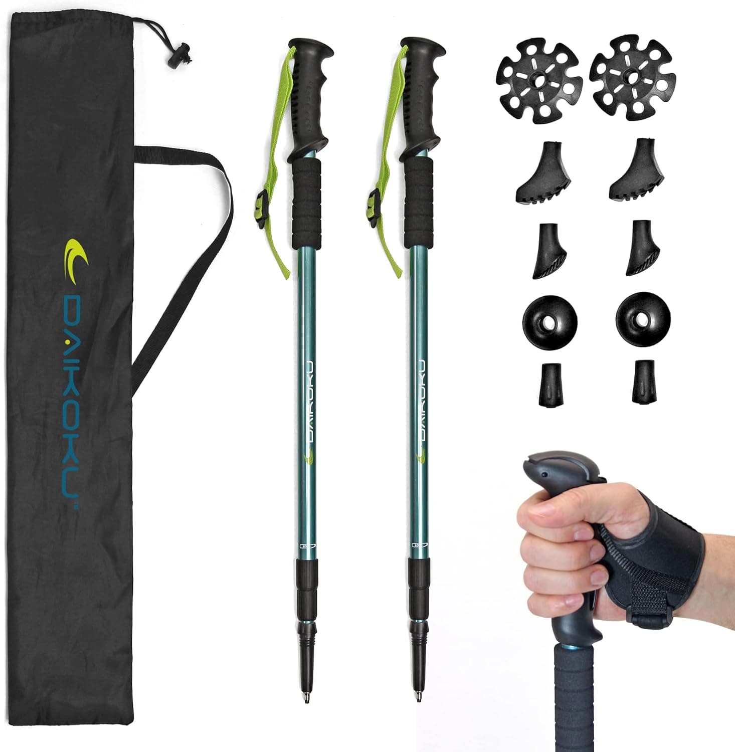 Daikoku Bastões de Trekking Extensíveis e ajustáveis 65-135 cm, bastões para caminhadas, bastões de alumínio com aderência ergonómica, multi-terreno com 6 pontas intercambiáveis para asfalto, terra