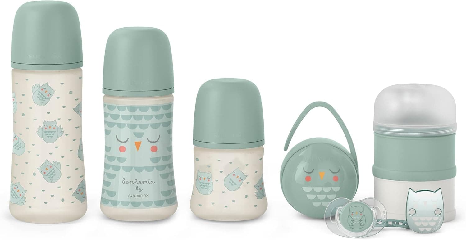 Suavinex, Conjunto premium recém-nascido. Biberões de 150 ml/270 ml/360 ml + Chupeta de 0-6 meses com cetina fisilógica SX Pro, doseador de leite, porta-chupetas Duo com fecho de pressão. Verde
