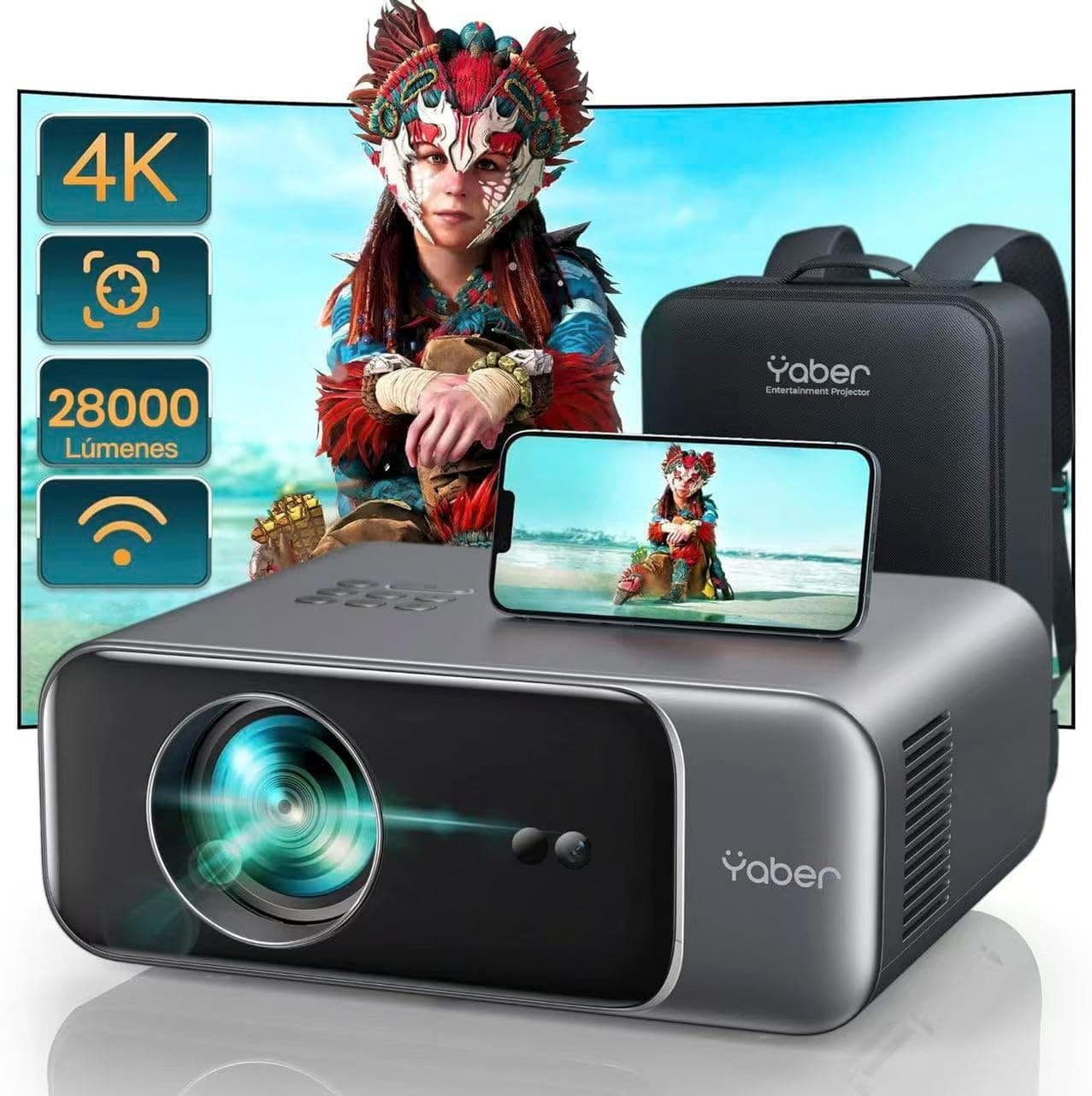 Auto foco/keystone: projetor de 4K WiFi 6 Bluetooth, 28000 lúmenes YABER projetor Full HD 1080P, projetor portátil cinema em casa/exterior para telemóvel/TV Stick/PS5 HDMI. USB 