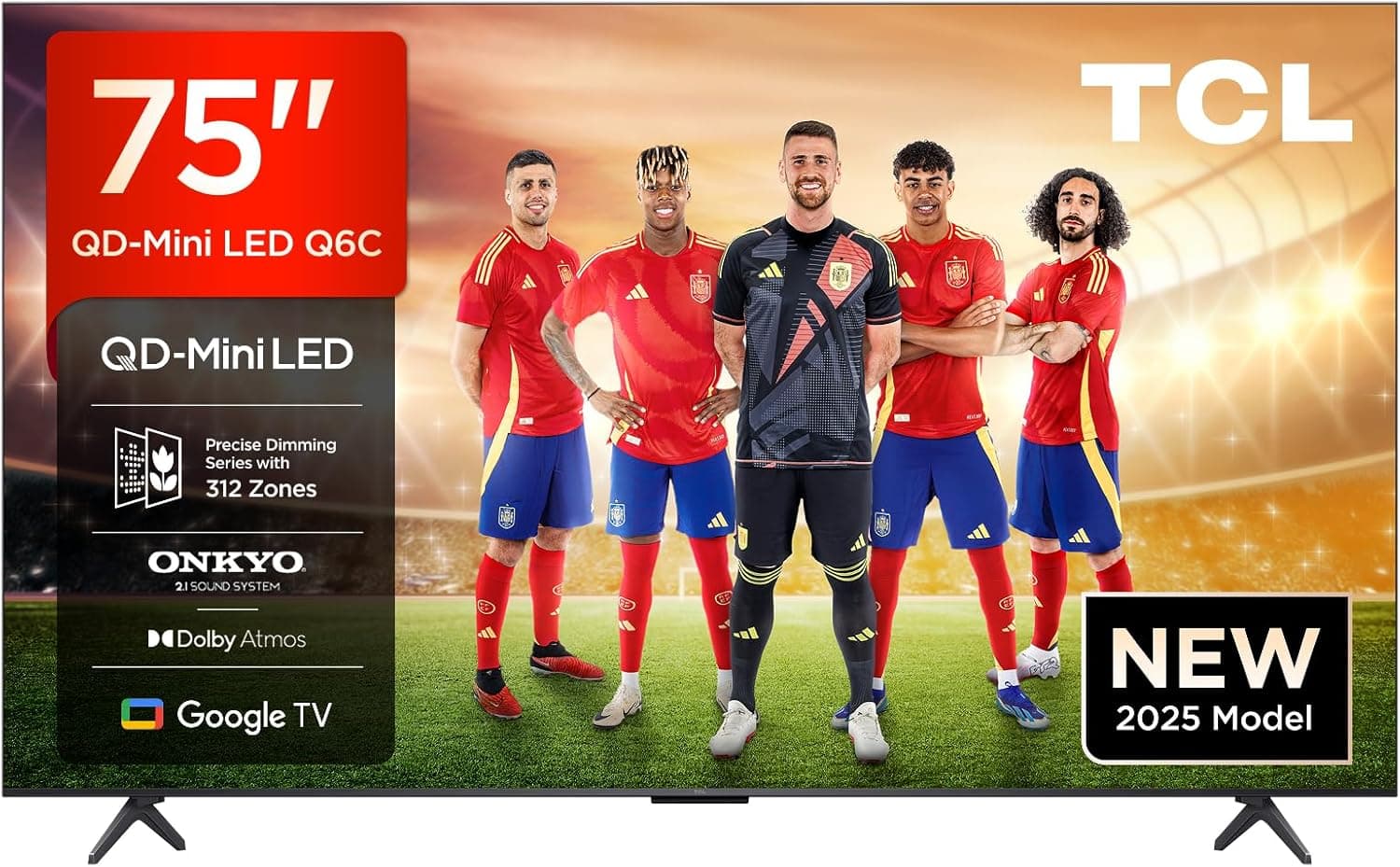 TCL QD-Mini LED Smart TV, 4K HDR de 75 polegadas, 1000 nits, com o Google TV (Dolby Vision IQ e Atmos, sistema de som Onkyo 2.1, 144 Hz Motion Clarity Pro, controlo por voz mãos livres.