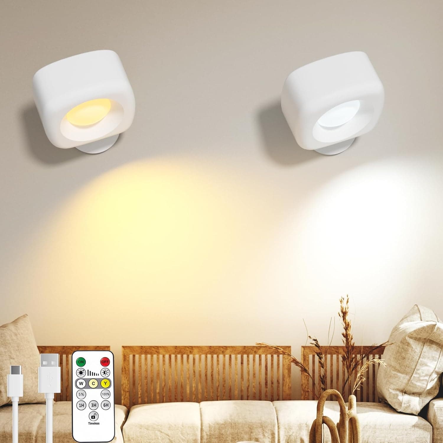 HighLuc Candeeiro de parede LED, aplique parede interior giratório de 360°, 3 cores e 10 níveis de brilho holofotes de parede com controlo remoto, USB-C recarregável candeeiro de parede para quarto, 2