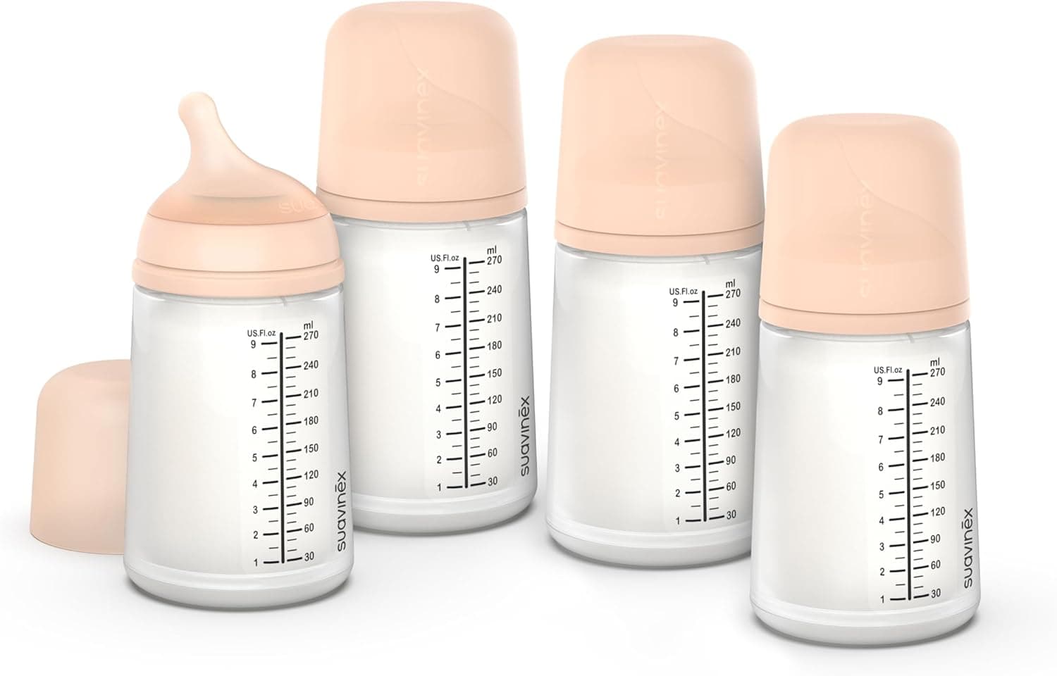 Suavinex, Embalagem de 4 biberão anticólico zero de 270 ml com cetina de fluxo médio (M) de silicone, bebés + 3 meses, leite materno, de fórmula e líquidos, densidade média, compatível leite, fair