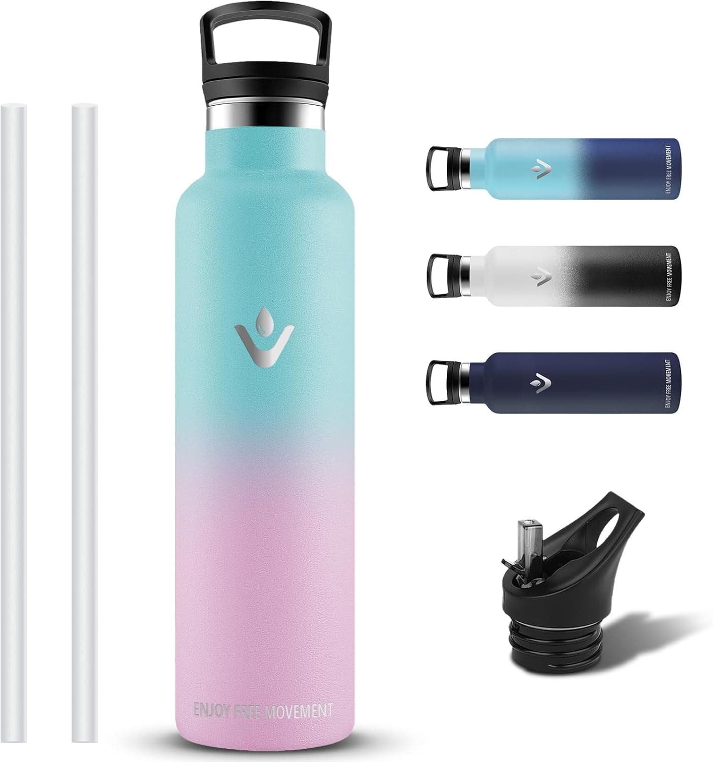 Garrafa de água em aço inoxidável, 1 litro, garrafa de água, à prova de fugas, garrafa com palhinha, garrafa sem BPA, mantém 24H frio/12H calor, garrafa de água para desportos, campismo, caminhadas