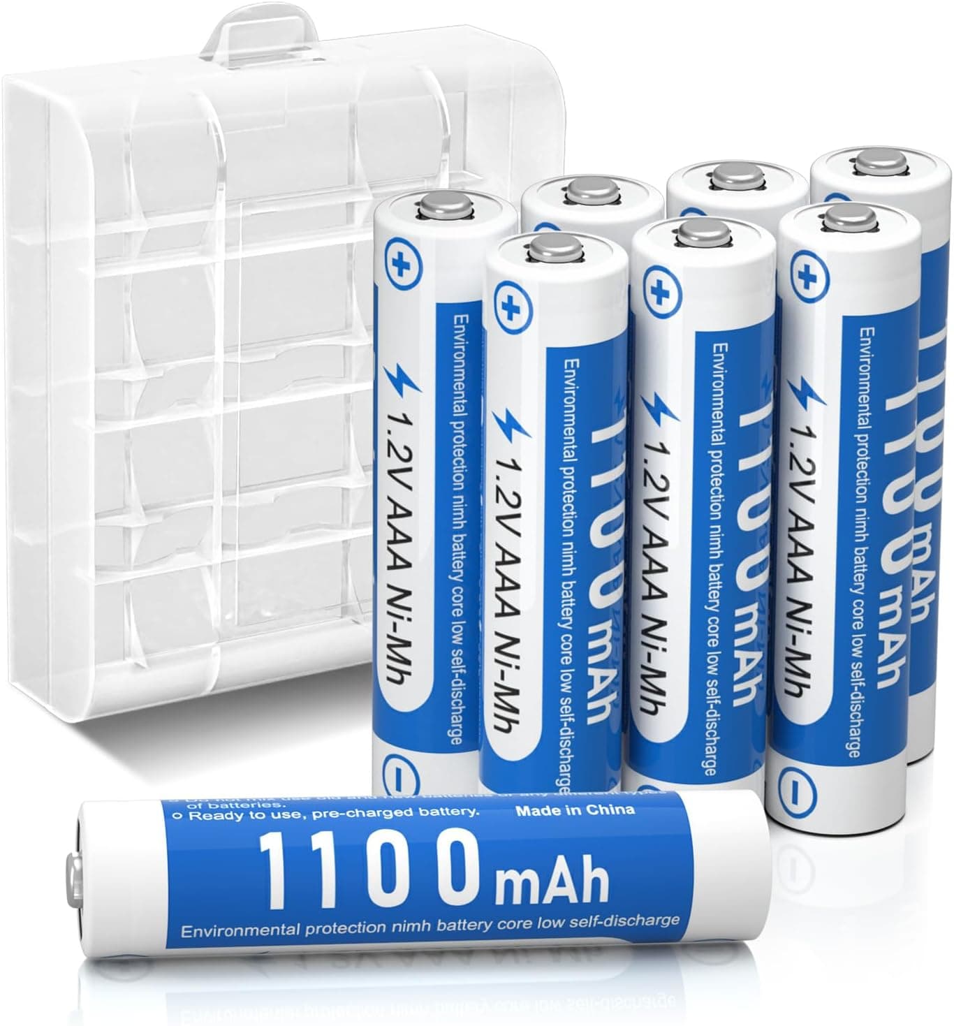1100 mAh AAA Ni-MH pilhas recarregáveis de 1,2 V para equipamentos domésticos com estojos de armazenamento (8 peças)