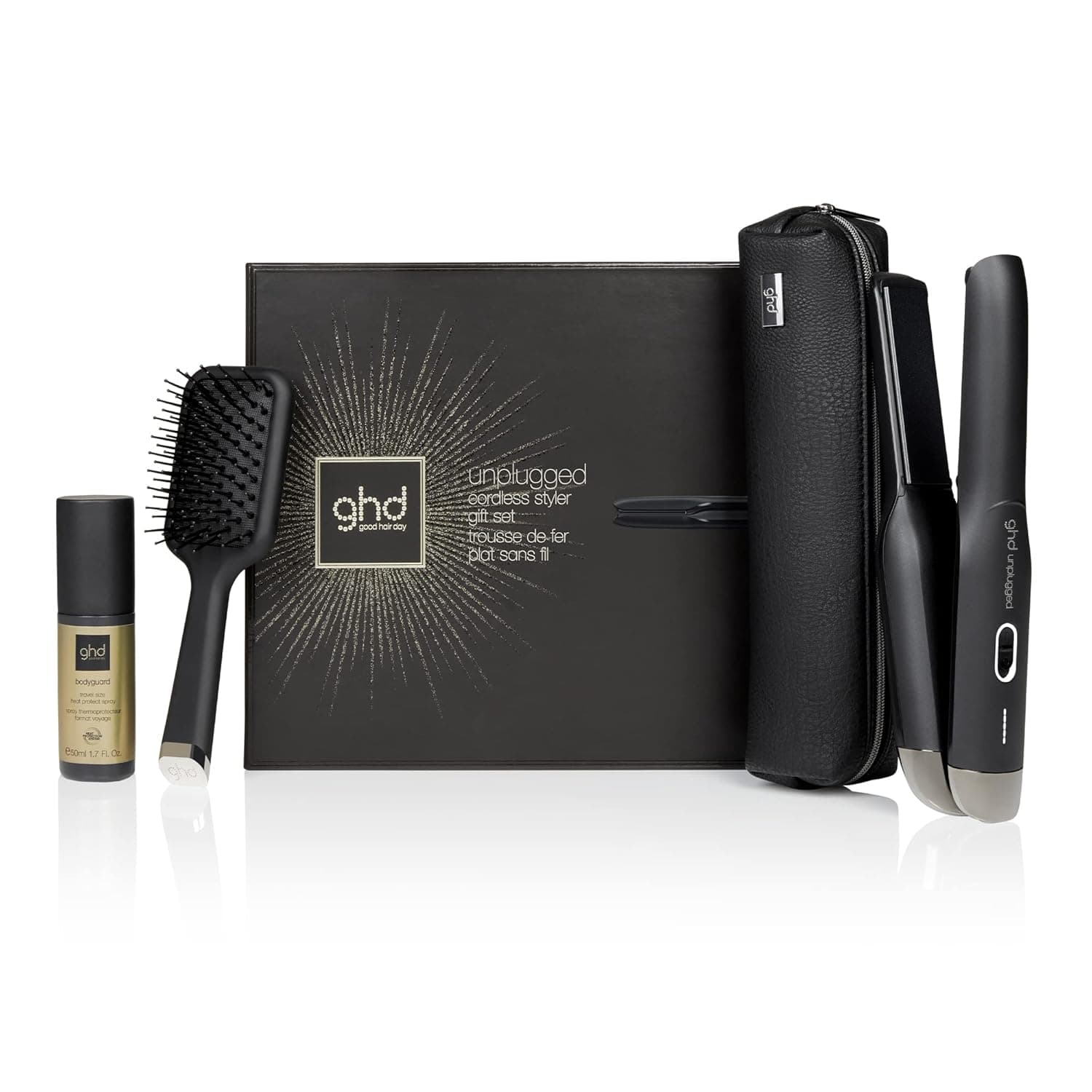Conjunto de presente alisador de cabelo sem fios ghd unplugged, escova paddle mini, capa resistente e protetor de calor bodyguard, edição 2022, preto