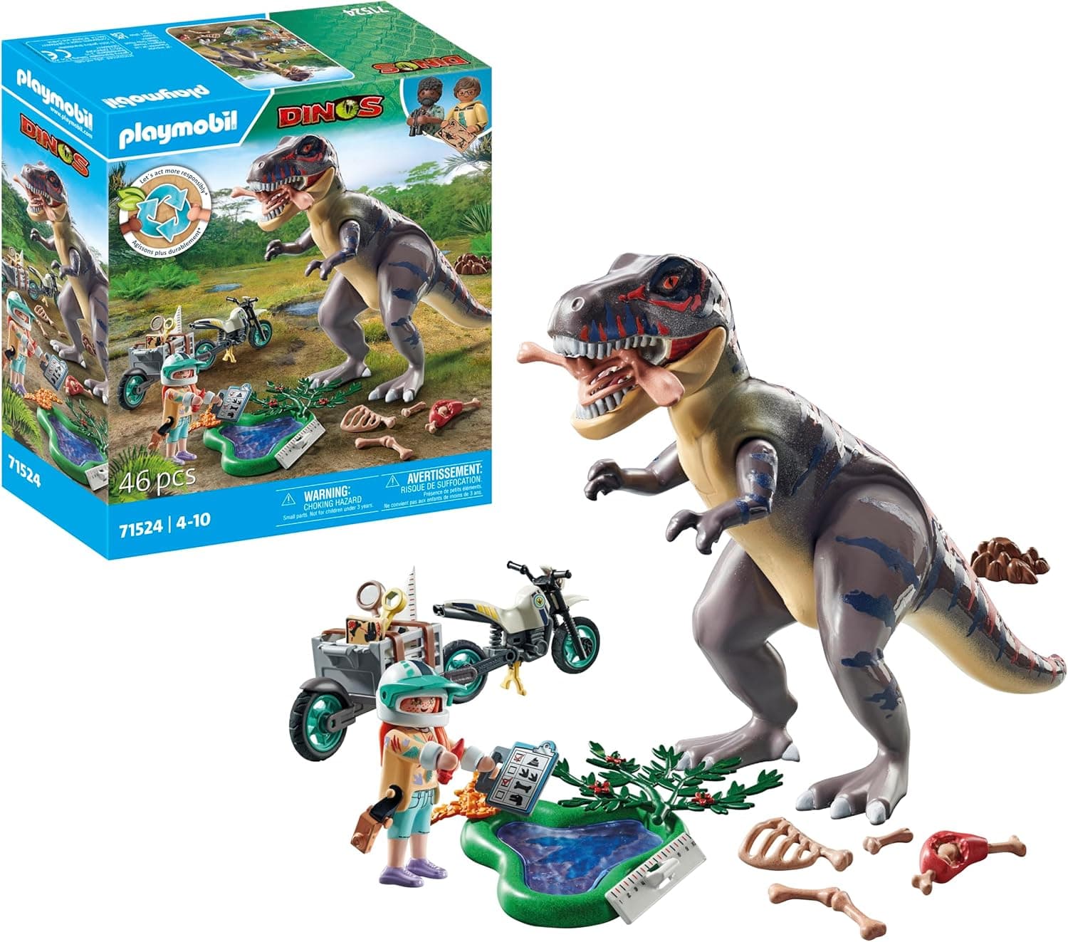 PLAYMOBIL Dinos 71524 T-Rex e rastreador, emocionante busca pelo Tyrannosaurus Rex, com motocicleta, câmara e verdadeiros ossos de dinossauro, brinquedos detalhados para crianças a partir de 4 anos