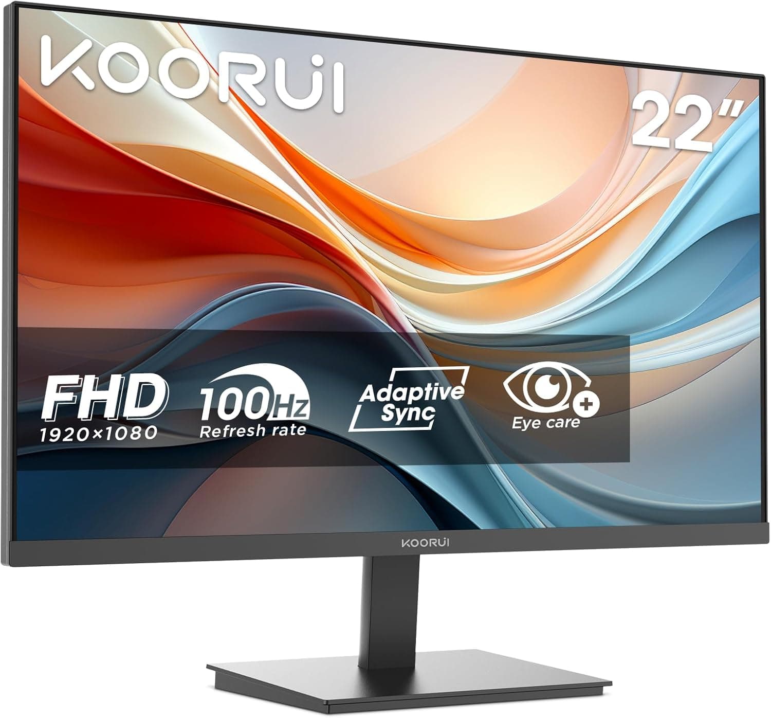 KOORUI E2212F Monitor de 22 polegadas, Full HD VA 100Hz, 1920x1080, 3000:1, 5 ms, 99% SRGB, 72% NTSC, HDMI 1.4, VGA, Adaptive Sync, VESA, inclinável, Tela Ultra tra fina e leve