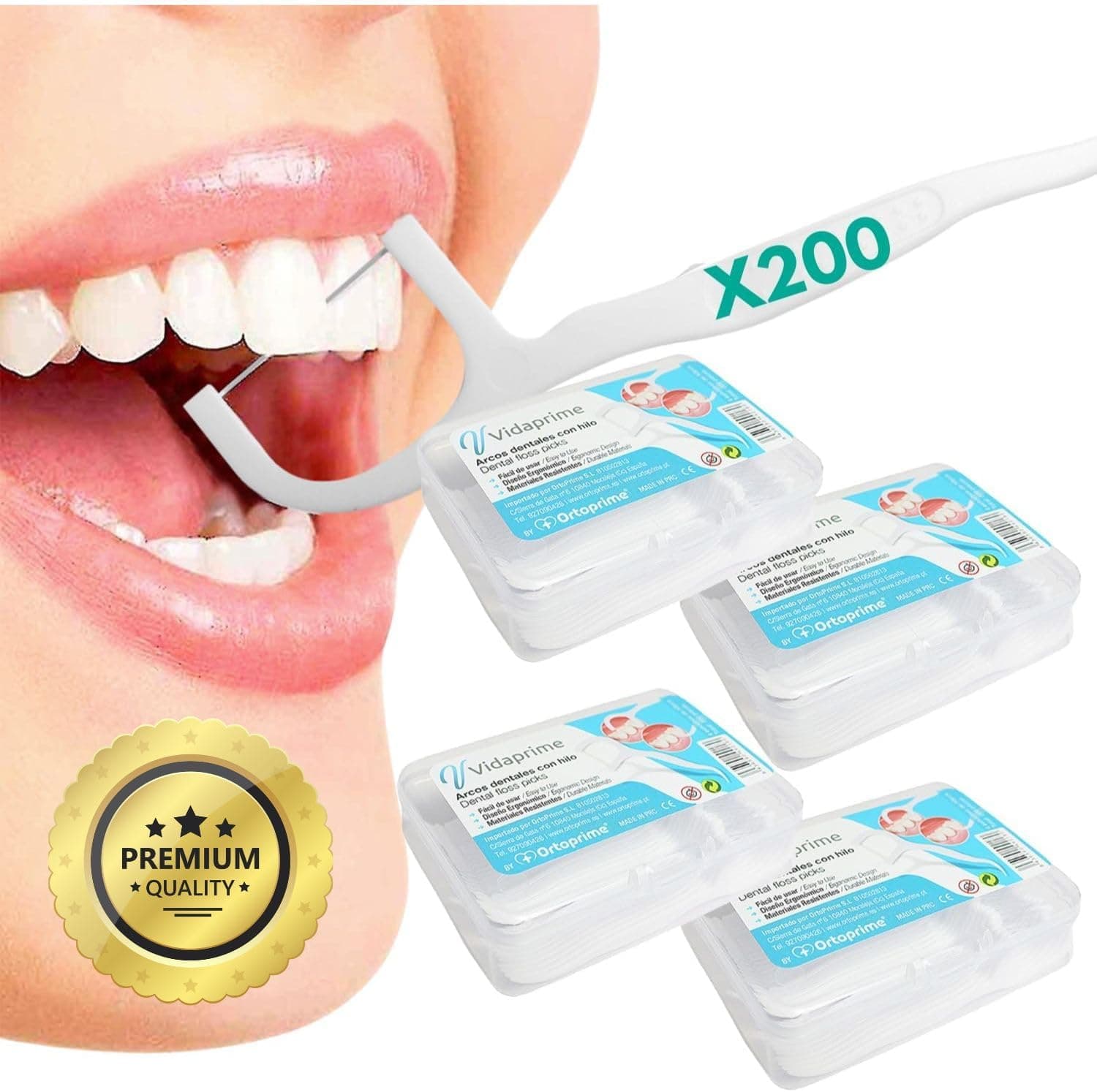 Vidaprime Fio dental com pega CONFORT - Arco dental reutilizável pack de 200 unidades - fio dental crianças e adultos fita dentária - arcos dentários Flosser dentário limpeza dentes jarro cuidado