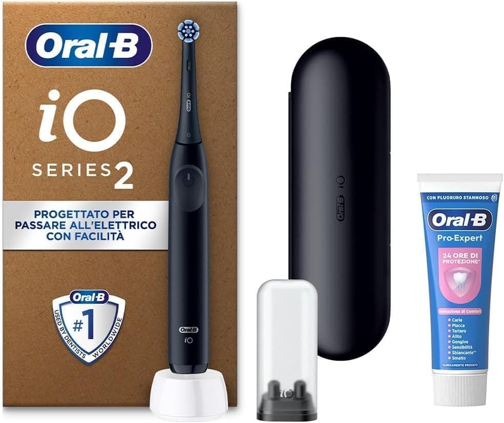 Oral-B iO 2 | Escova de dentes elétrica recarregável com 1 recarga, estojo de viagem, suporte e pasta dentífrica