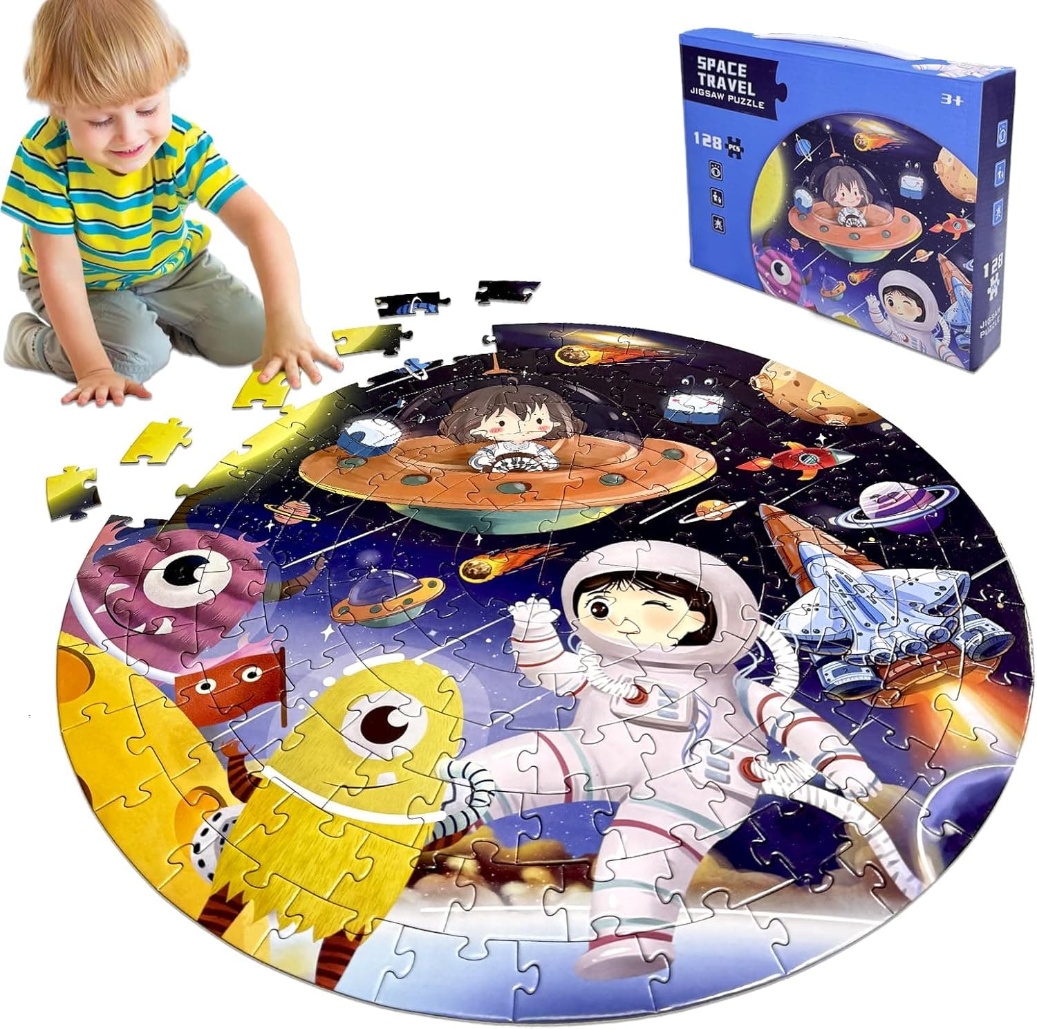 Kulveanju | Puzzle circular de nave espacial com 128 peças para crianças, 42x42 cm