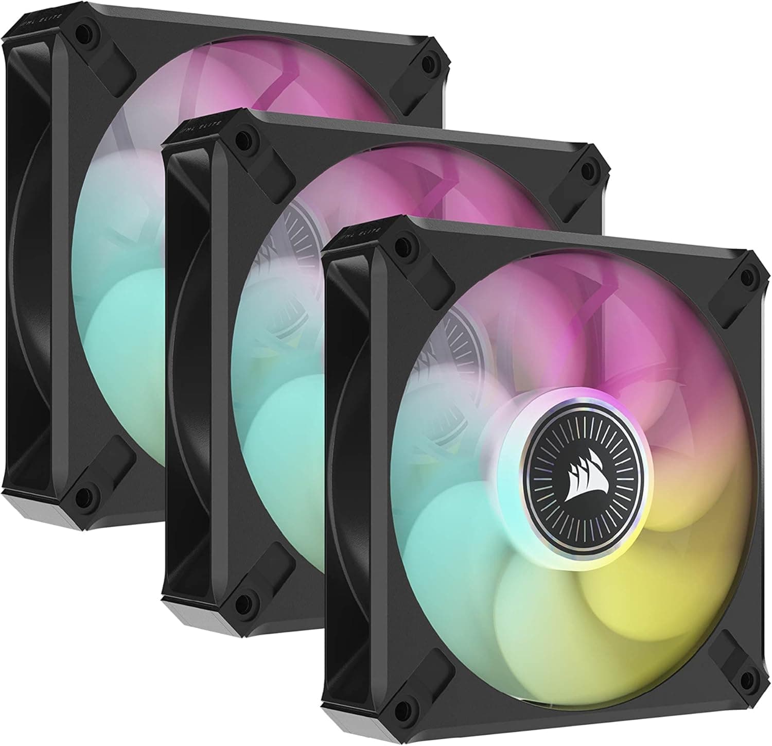 Corsair iCUE ML120 RGB ELITE, 120 mm ventilador PWM de evitação magnética RGB com iCUE Lighting Node CORE (tecnologia CORSAIR AirGuide, funciona a velocidades de 2.000 rpm), pacote de 3 unidades,
