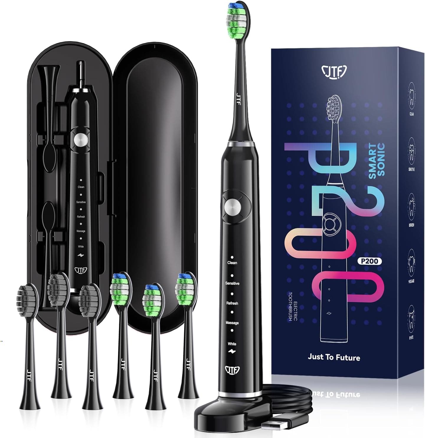 JTF Escova de dentes elétrica sónica para adultos, 6 cabeças e IPX7, 40000 VPM e 5 modos, sensor de pressão e temporizador de escovagem ultra-sónica para mulheres homens Electric Toothbrush com estojo