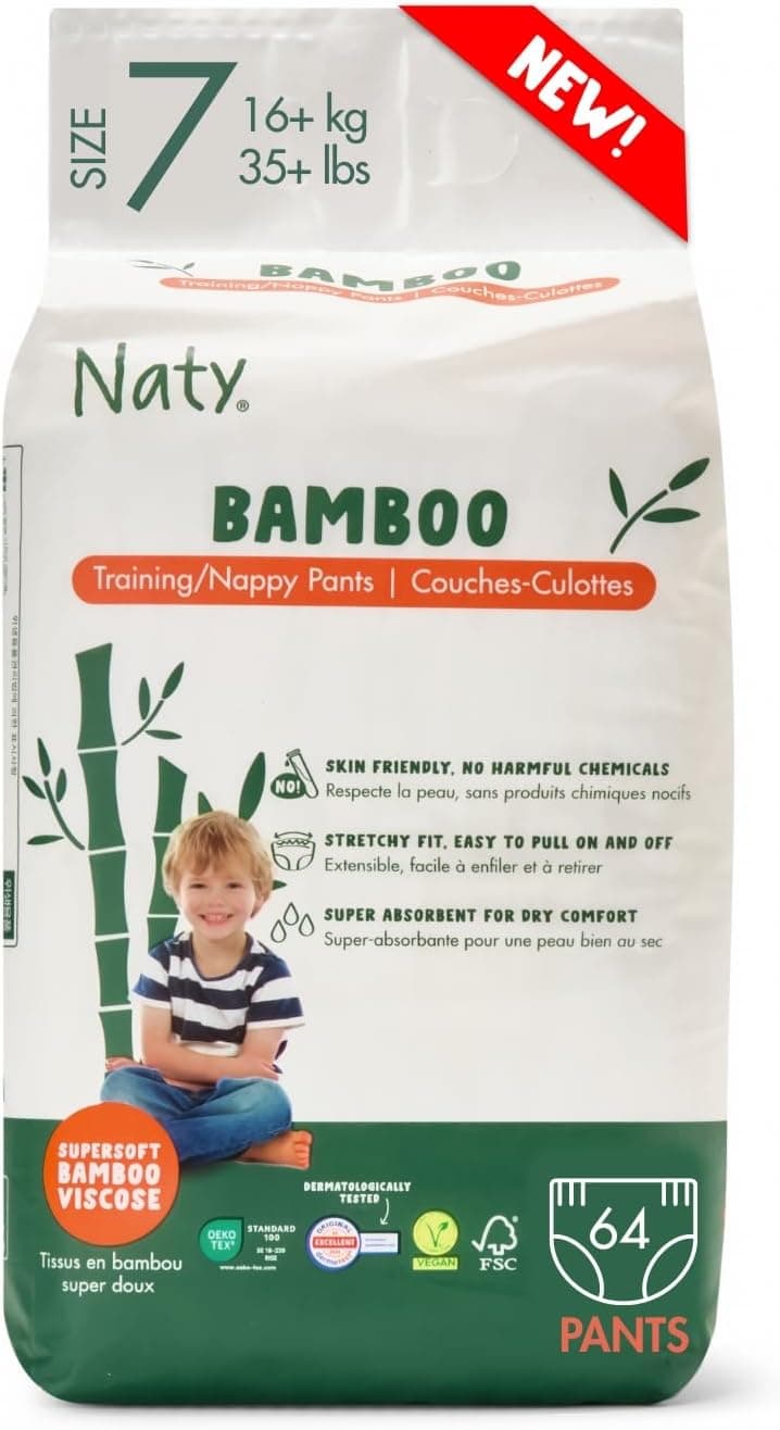 Naty Bamboo Fraldas-cueca de viscose de bambu, maciez sedosa, fraldas-cuecas de origem vegetal, testadas dermatologicamente para pele sensível e super absorventes (tamanho 7, 64 unidades)