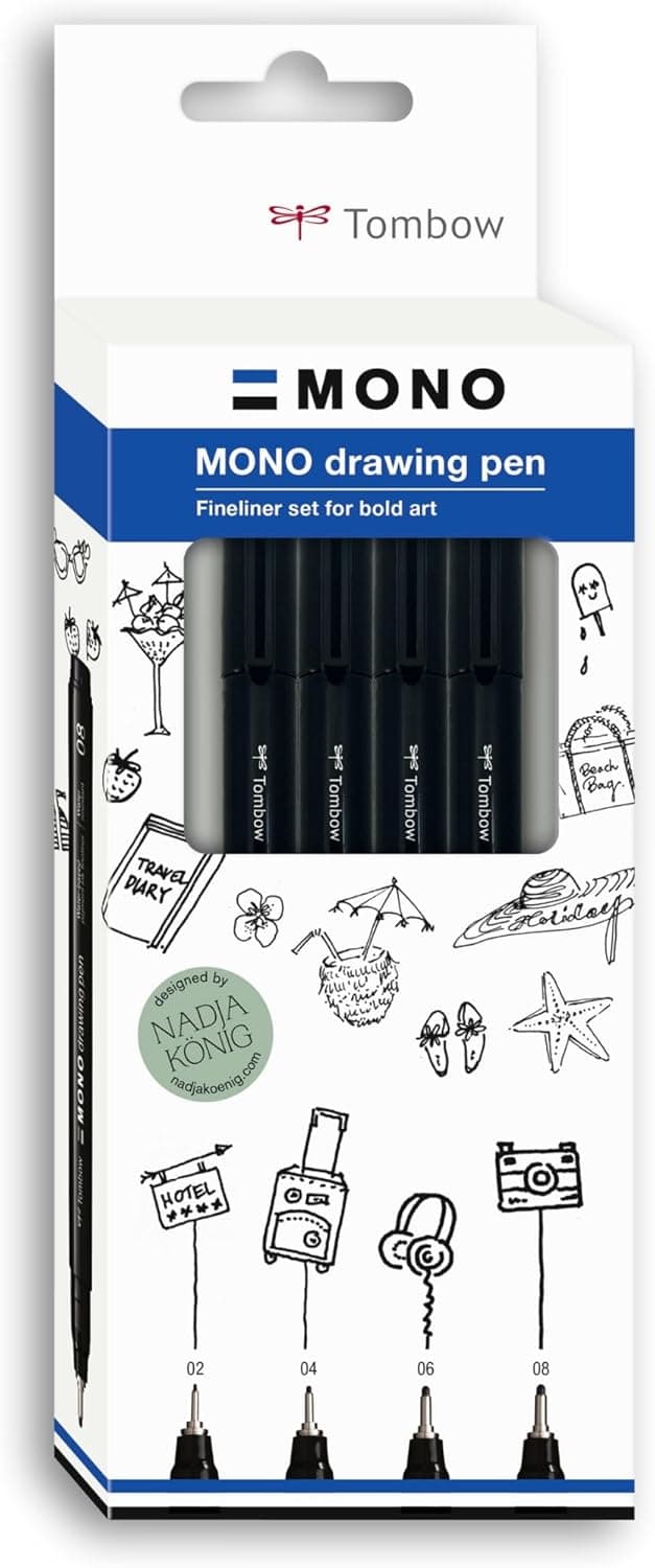 Tombow | Conjunto de 4 marcadores de ponta fina negrita MONO Drawing Pen com pontas de largura diferente | Fineliner para contornos, ilustrações, esboços, cor preta