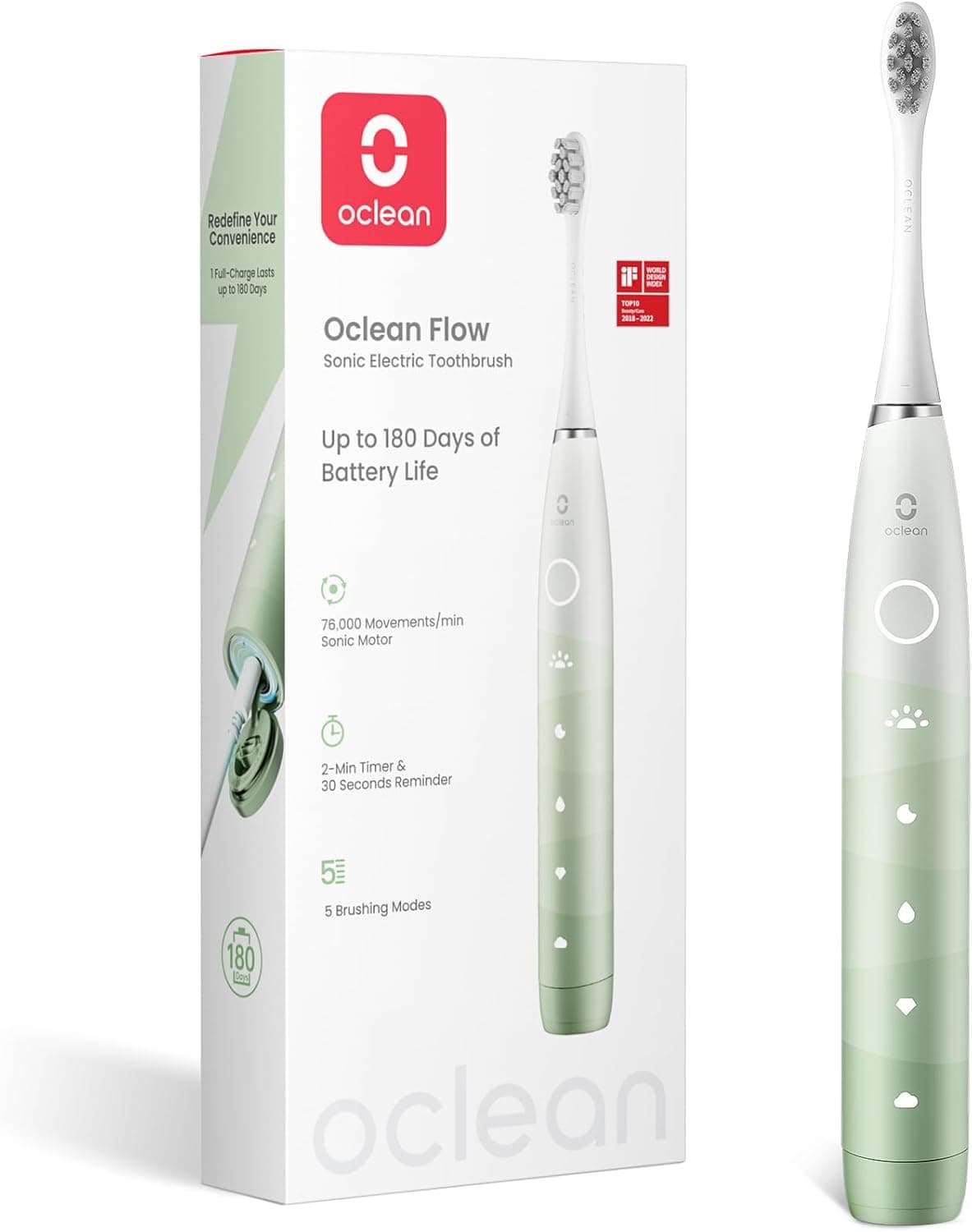Escova de dentes elétrica sónica Oclean Flow, 180 dias de duração, 76000 movimentos por minuto, 5 modos, IPX7 impermeável e temporizador, cabeça de escova DuPont™, verde