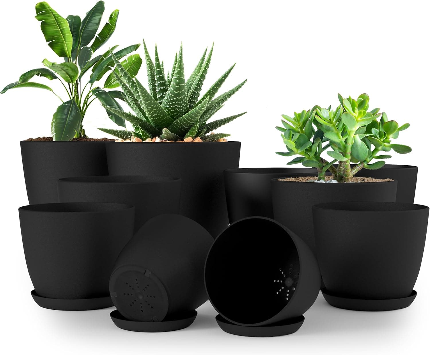 Utopia Home Embalagem de 10 vasos 18/17/15/13/12 cm vaso com prato para a cozinha, varanda, plantas de jardim, vasos de viveiro de interior preto