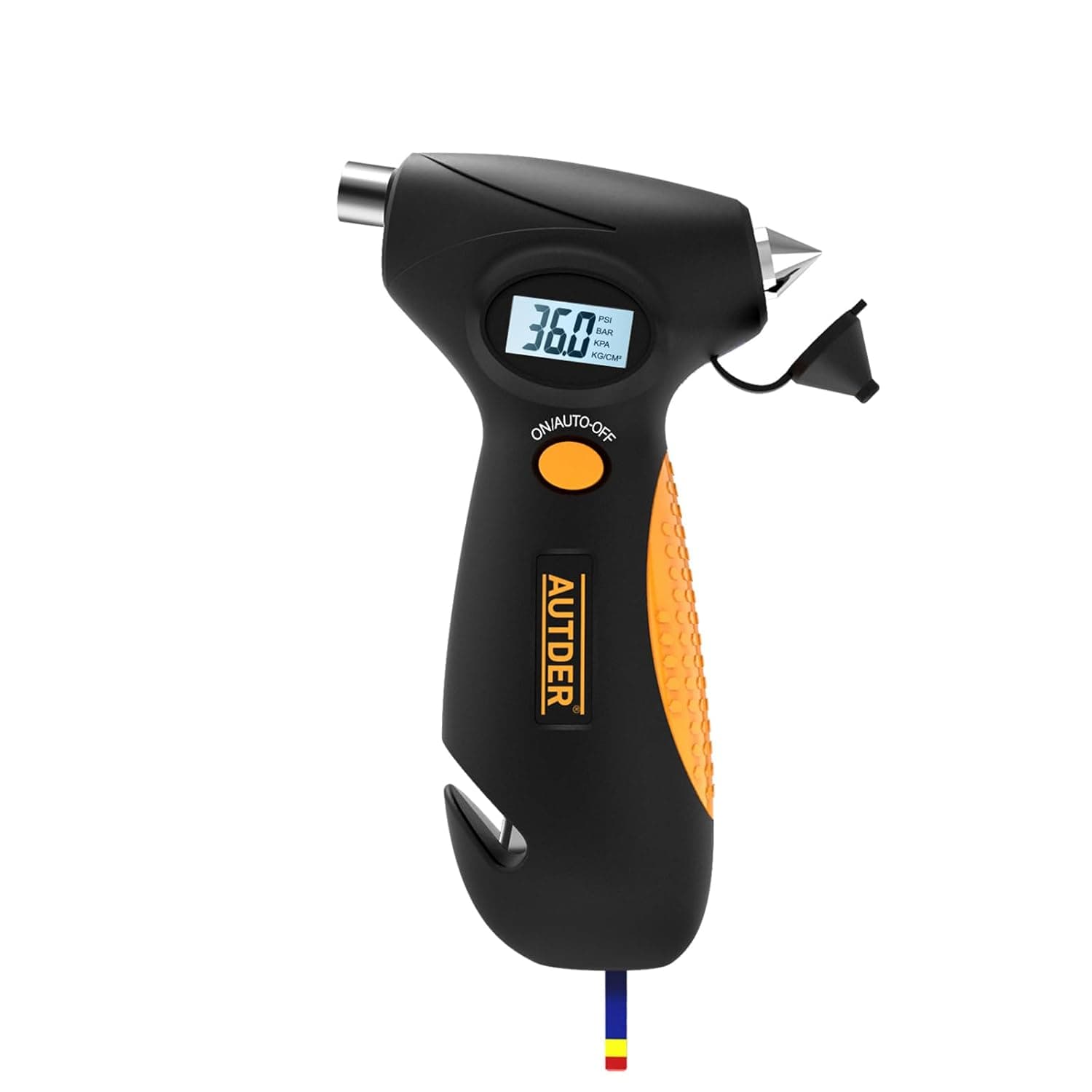 AUTDER Manómetro digital para pneus 5 em 1 com luz de trabalho LED, martelo de emergência, cortador de cinto, medidor de profundidade da faixa de rolamento e ecrã LCD retroiluminado