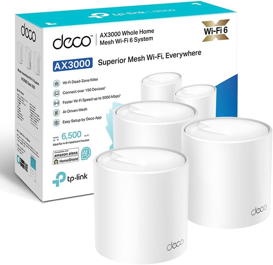 TP-Link Deco X50 (3-Pack) Sistema Wi-Fi 6 AI Mesh, AX3000 banda dupla 2,4 GHz/5 GHz, cobertura até 600 m2, 3 portas GigabIt por unidade, banda de 160 MHz canal, ODFMA, 160 024 QAM Cor branca