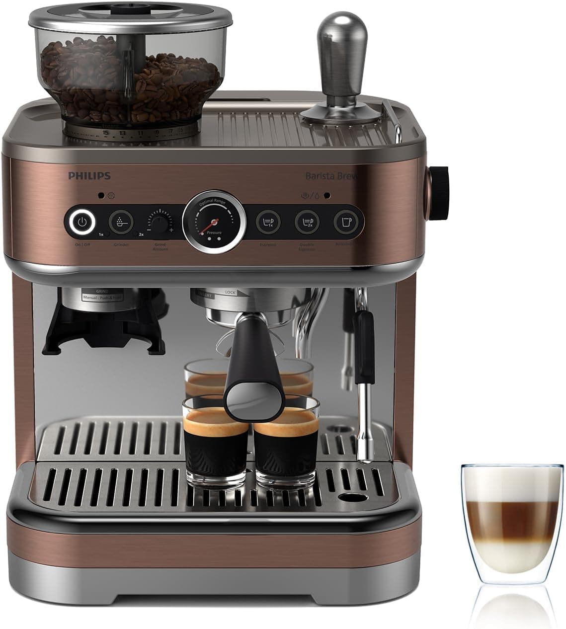 Philips Barista Brew - Cafeteira expresso semiautomática. Botão para expresso simples e duplo americano, recipiente duplo para grãos de 280 g, calafetagem calibrada, cappuccino de metal (PSA3228/41)