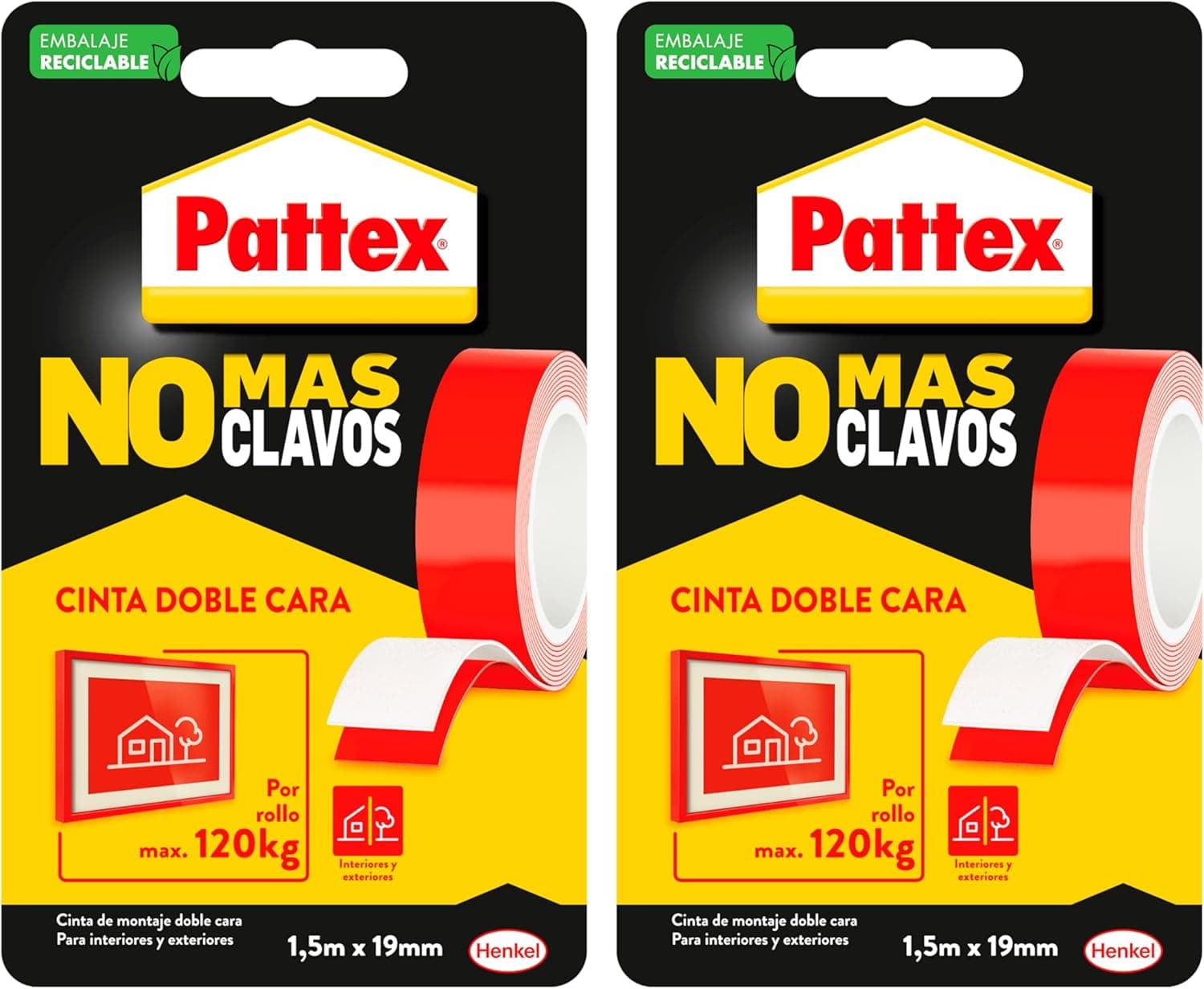 Pattex Chega de pregos, fita adesiva para aplicações permanentes, fita dupla face extra forte, adesivo de montagem para interior e exterior, 19 mm x 1,5 m (embalagem de 2)