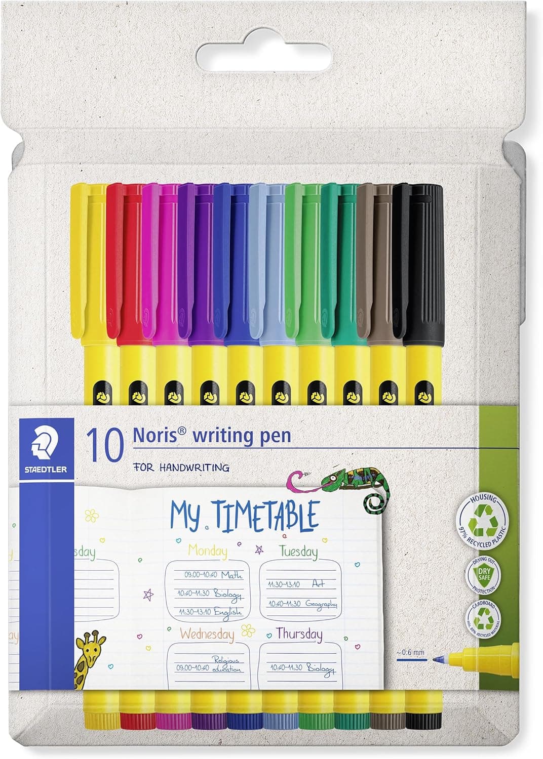 Staedtler Noris writing pen 307 Fineliner, capa de 97% plástico reciclado de acordo com a norma ISO 14021, estojo de cartão com 10 marcadores de ponta fina em cores sortidas, 307 C10
