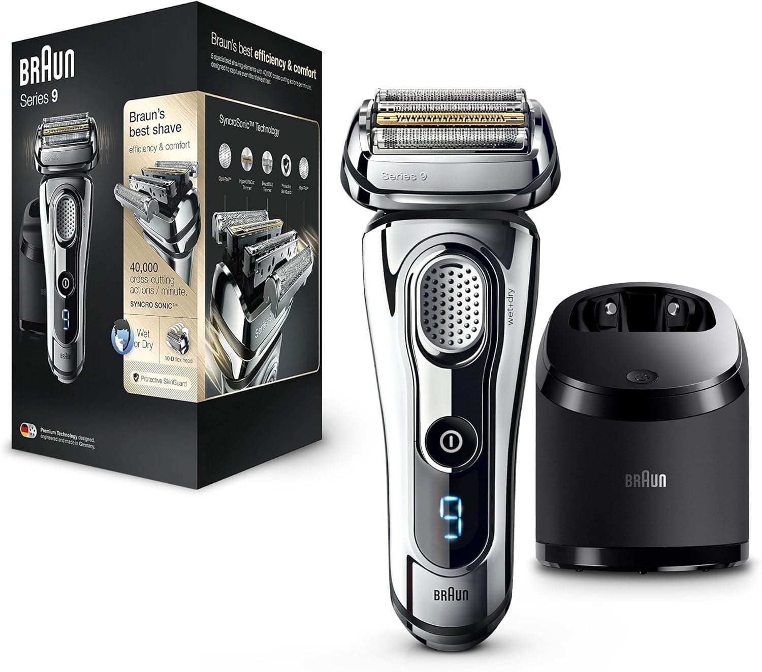 Braun Series 9 | Máquina de barbear elétrica para homem com tecnologia Wet & Dry, estação de limpeza e carregamento e estojo premium
