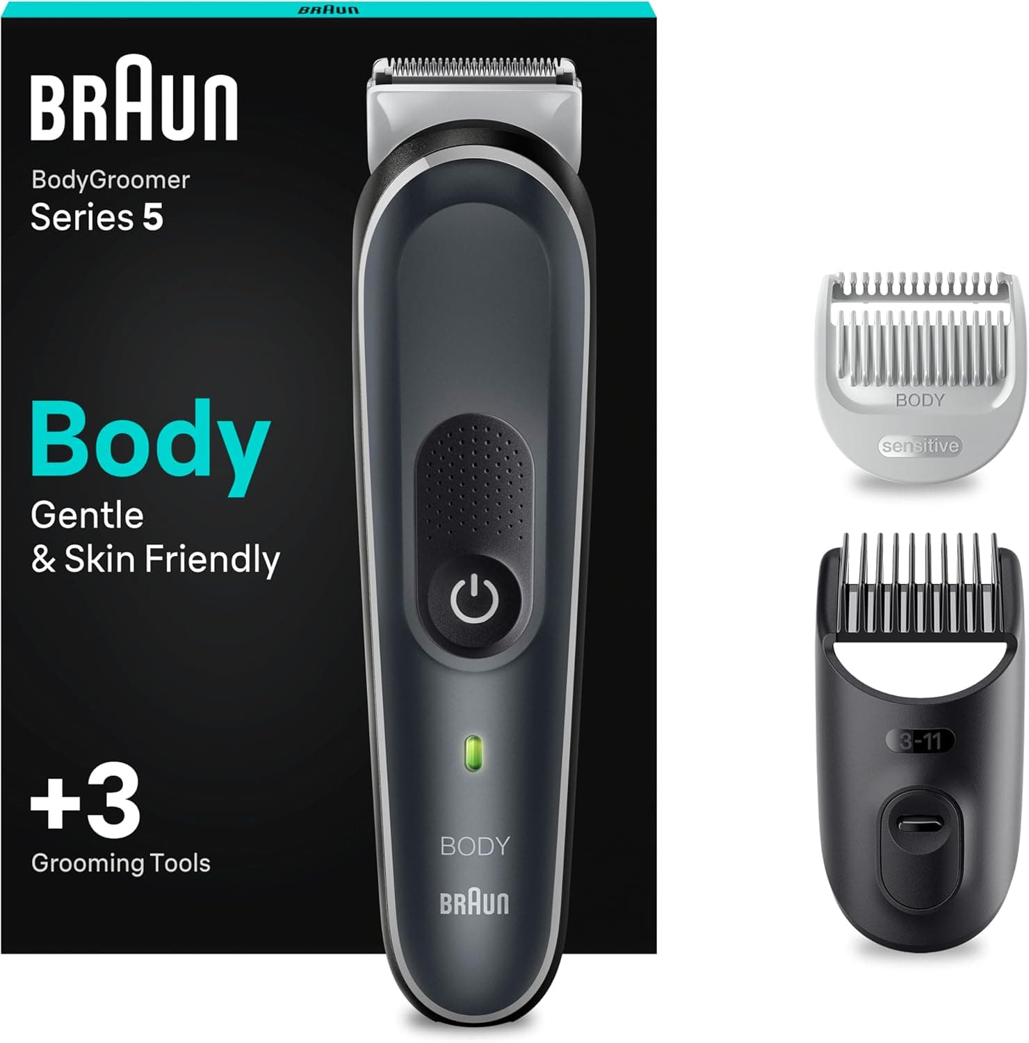 Braun Aparador corporal 5 BG5350, máquina de barbear corporal masculina com tecnologia SkinShield, pente para áreas sensíveis, máquina de barbear, lâmina de longa duração, cinzento / branco