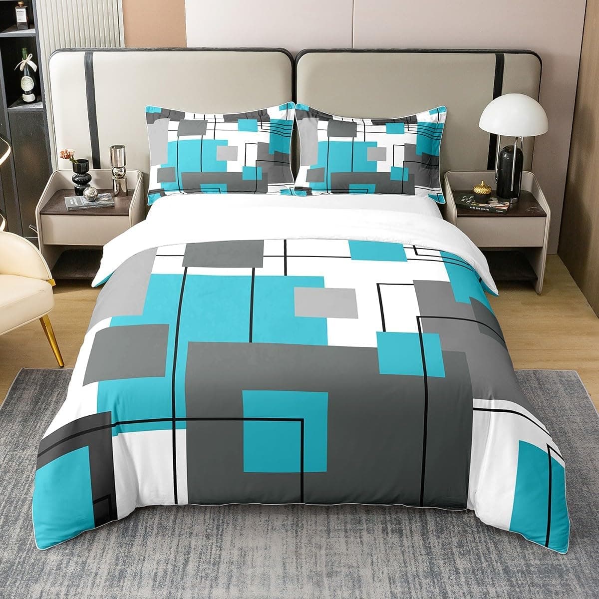 100% algodão, capa de edredão de 200 x 200 cm, design geométrico, conjunto de roupa de cama, cinzento, preto, 2 fronhas de almofada