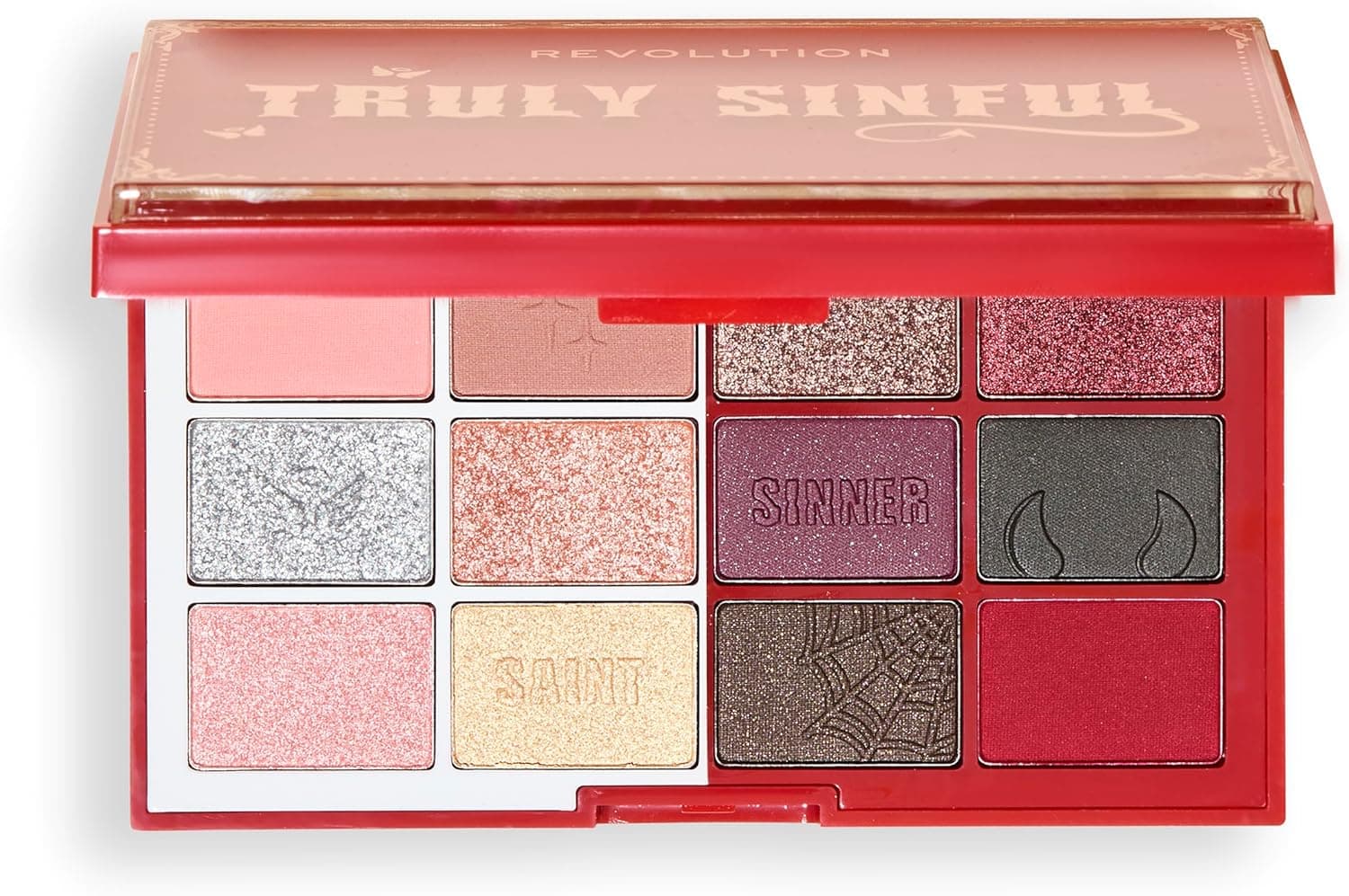 Revolution Beauty Truly Sinful paleta de sombras de olhos sangrenta, maquilhagem de Halloween para rosto e olhos, 12 embalagens com estojo com gotas de sangue 3D