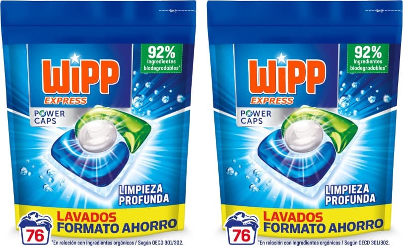 Wipp Express Power Caps Detergente em cápsulas para máquina de lavar roupa, 76 doses x 2